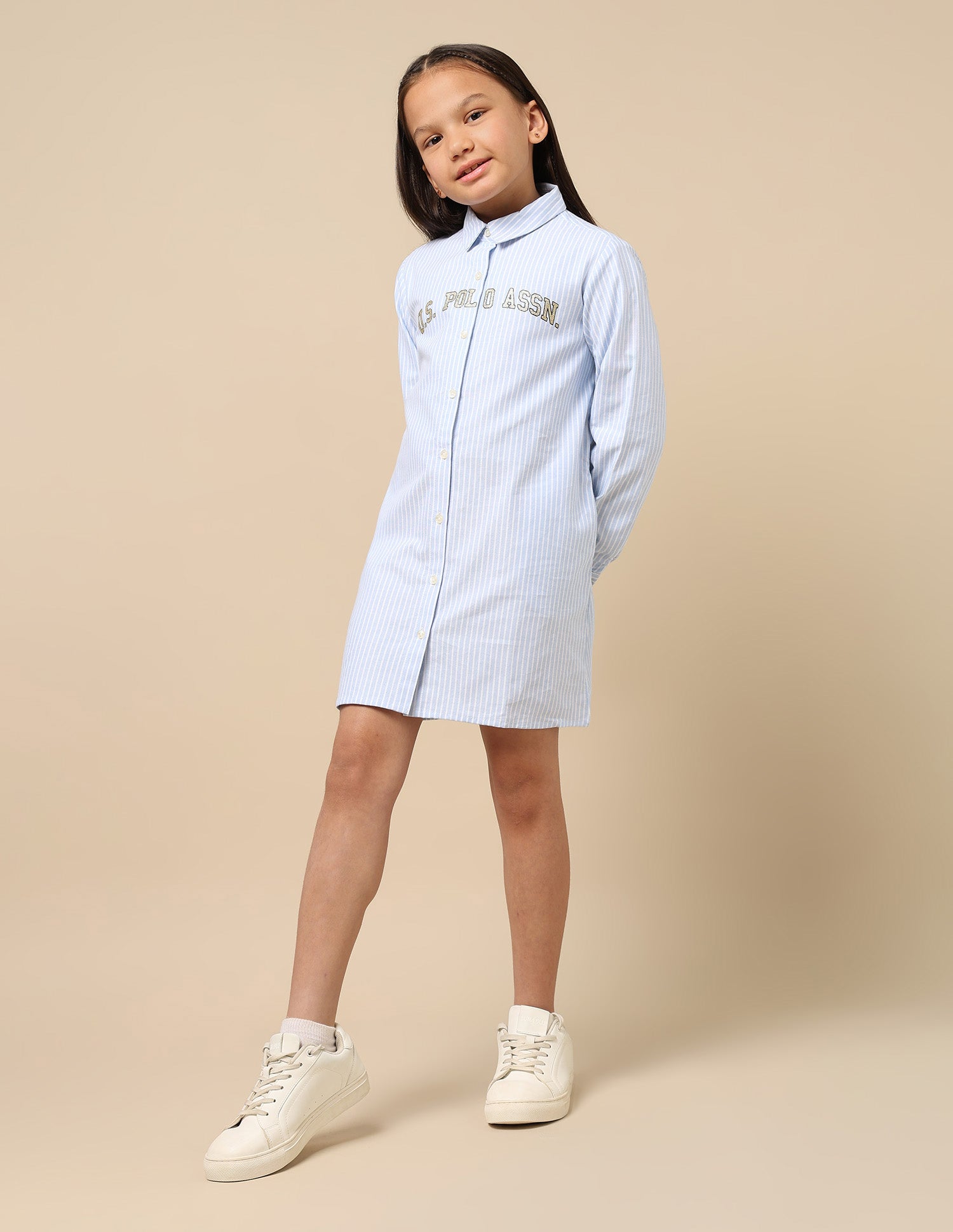 Girls Pin Stripe Chambray Dress Blue Stripe - U.S. POLO ASSN. | Large