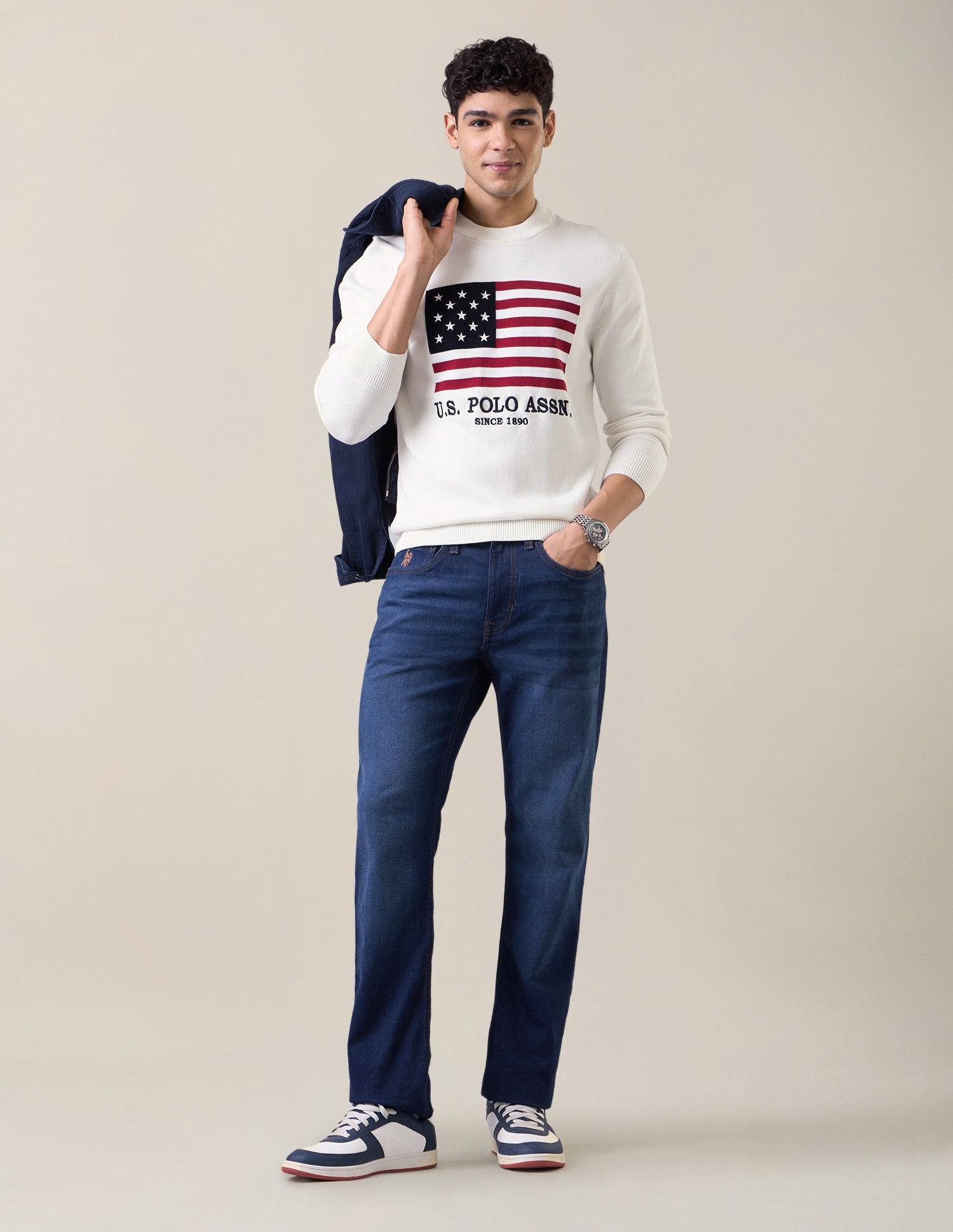 Brand Patterned Knit Slim Fit Sweater White - U.S. Polo Assn. India | Large