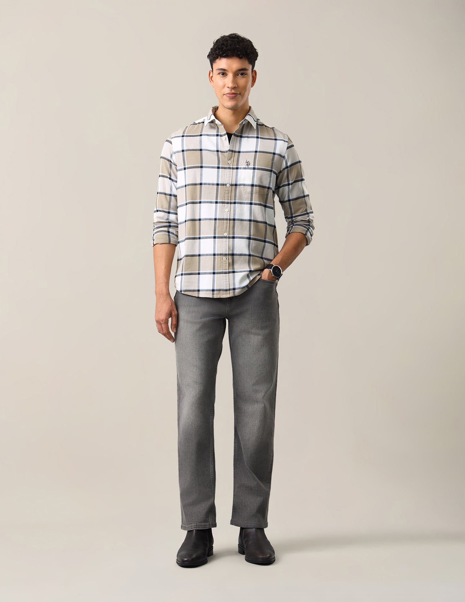 Twill Windowpane Checked Shirt Beige - U.S. Polo Assn. India | Large
