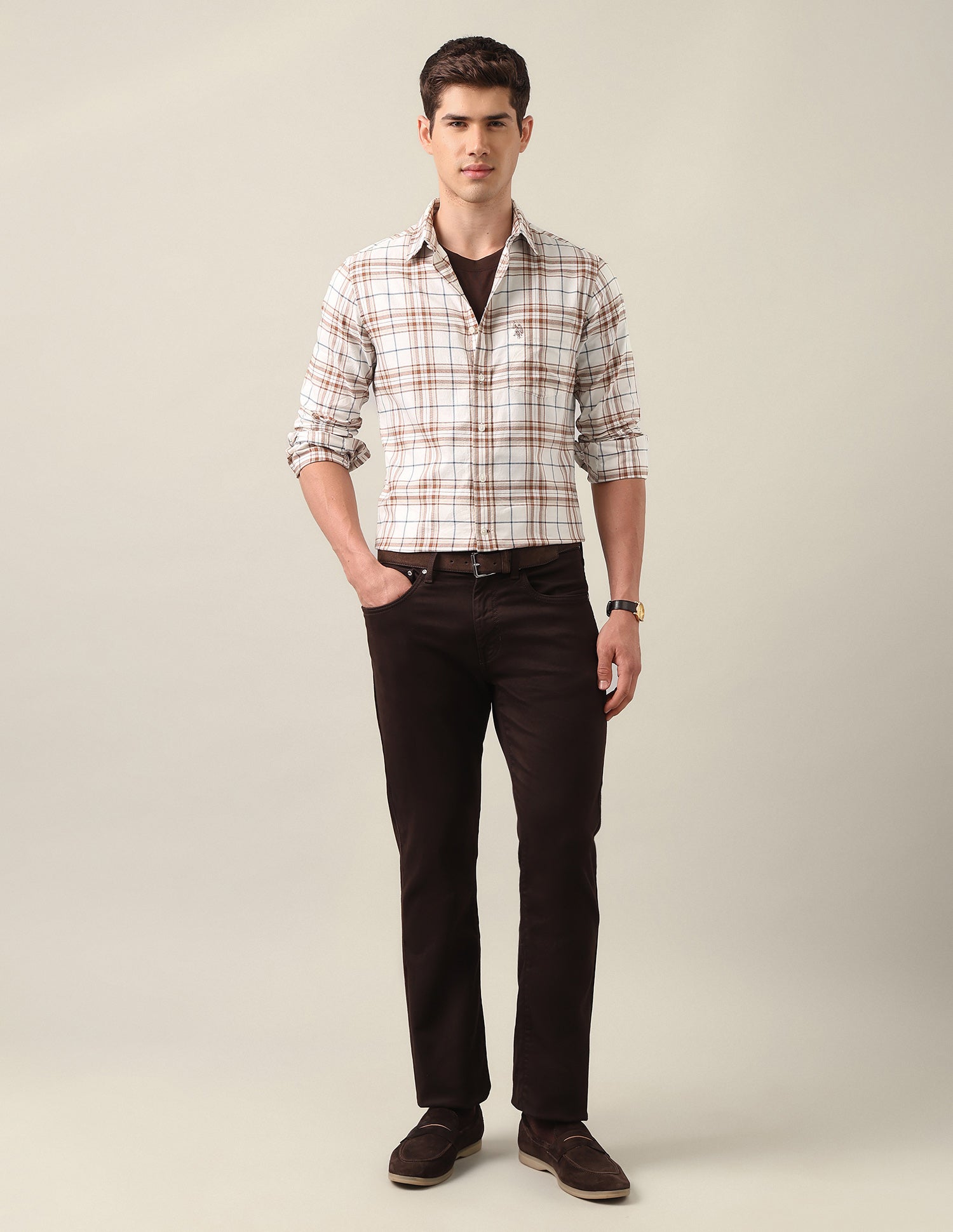 Tailored Fit Tartan Checked Shirt Beige - U.S. Polo Assn. India | Large