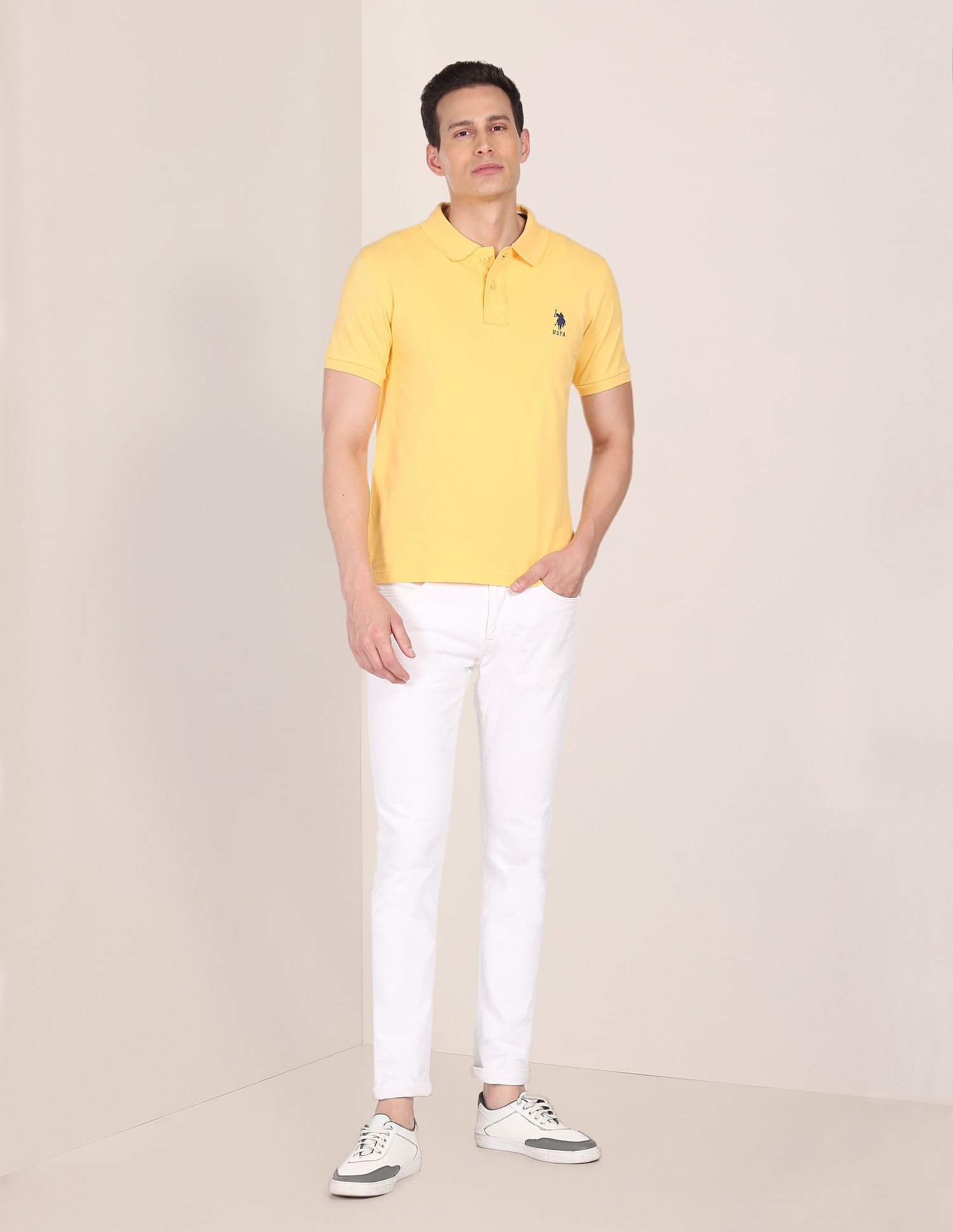 Ribbed Collar Solid Polo Shirt Yellow - U.S. POLO ASSN. | Large