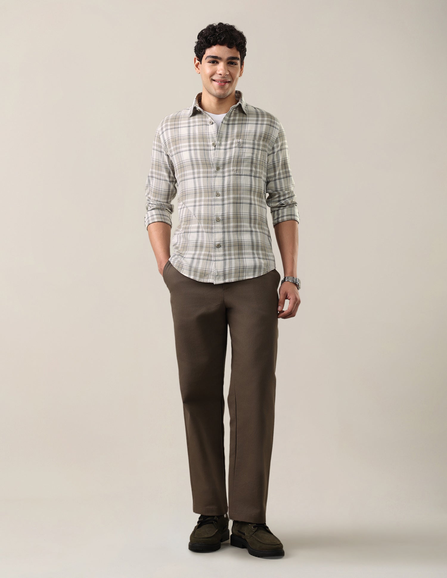 Twill Windowpane Checked Shirt Light Olive - U.S. Polo Assn. India | Large