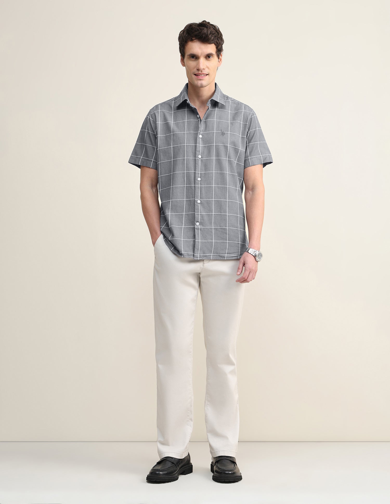 Windowpane Checked Twill Shirt Grey - U.S. Polo Assn. India | Large