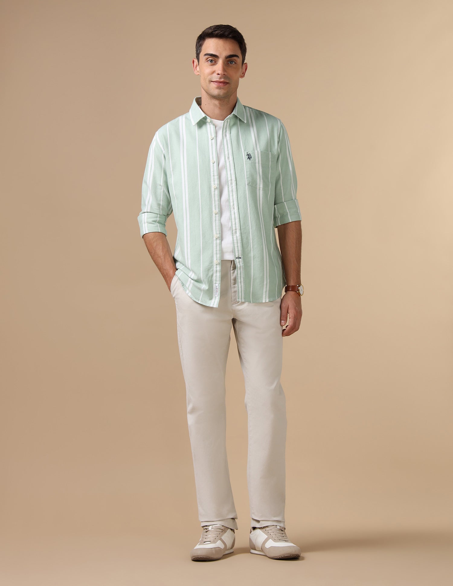 Pure Cotton Tailored Fit Shirt Light Green - U.S. Polo Assn. India | Large