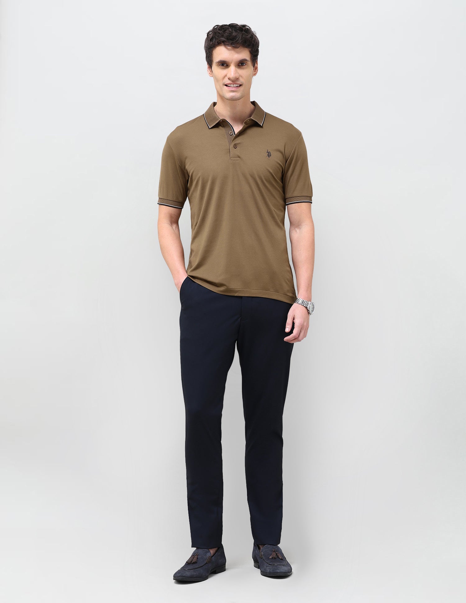 Solid Slim Fit Polo Shirt Khaki - U.S. Polo Assn. India | Large