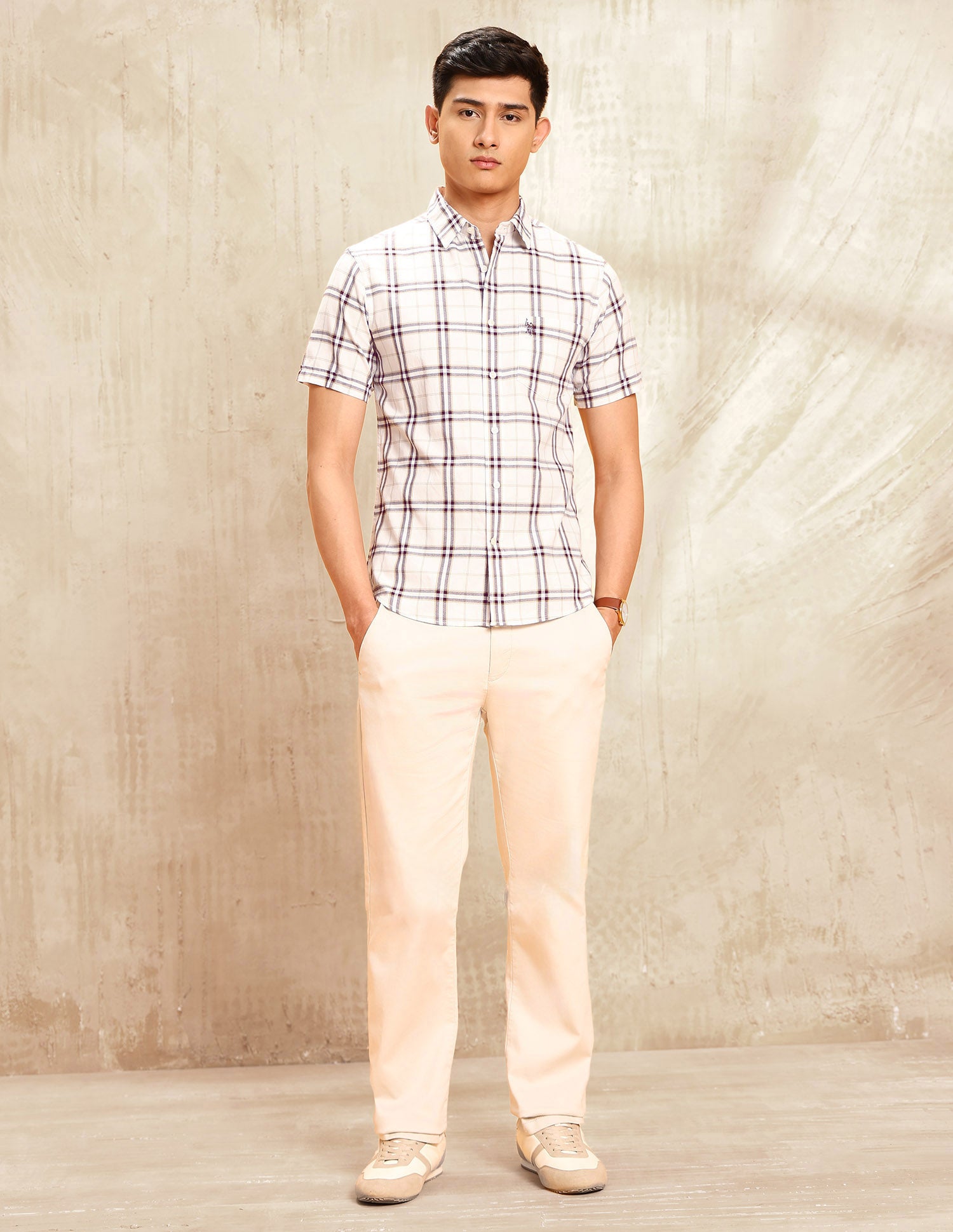 Windowpane Checked Tailored Fit Shirt Beige - U.S. POLO ASSN. | Large