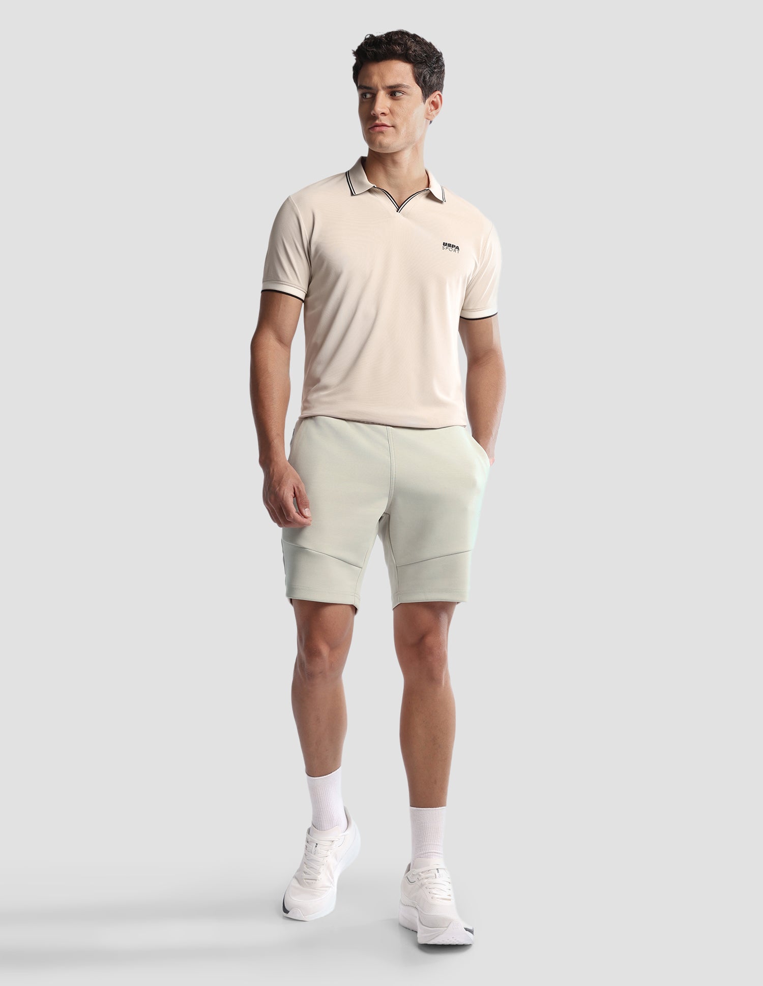 Solid Regular Fit Active Shorts Beige - U.S. Polo Assn. India | Large