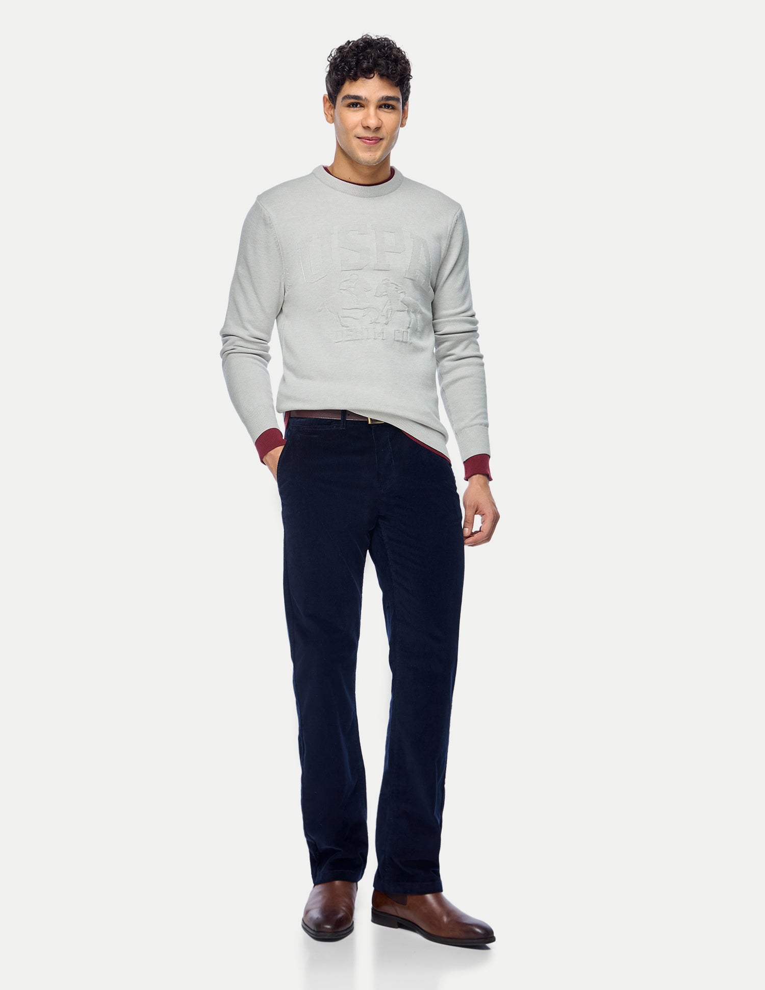 Brand Embossed Regular Fit Sweater Light Grey - U.S. Polo Assn. India | Large