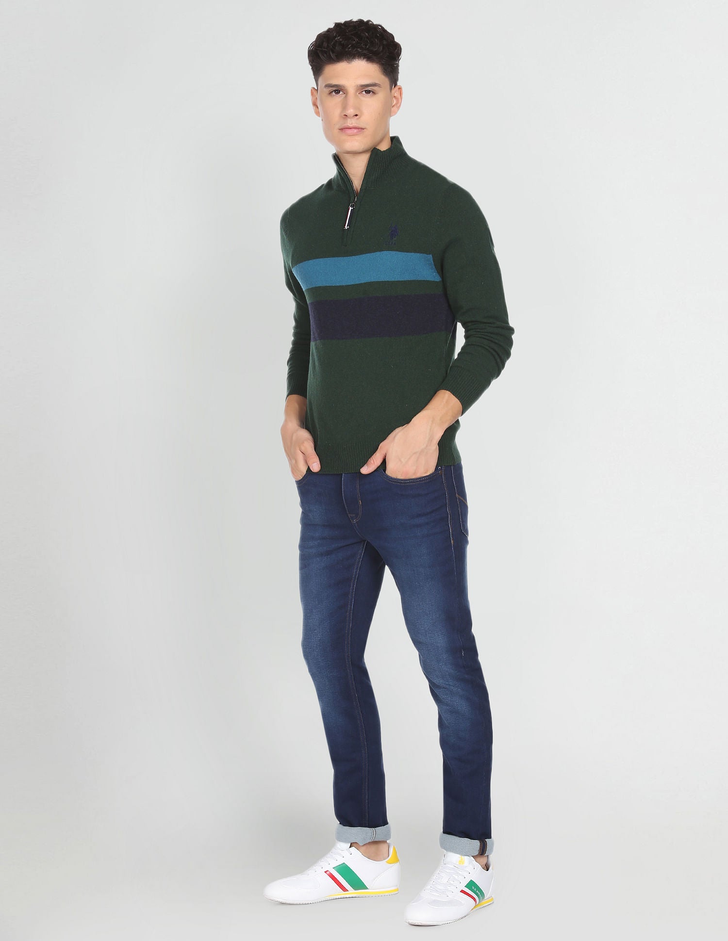 Men Dark Olive High Neck Horizontal Stripe Sweater – U.S. Polo Assn. India