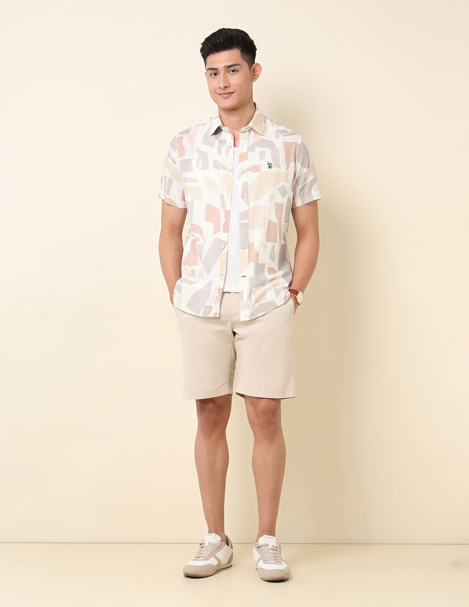 Geometric Printed Pure Cotton Shirt Beige - U.S. POLO ASSN. | Large