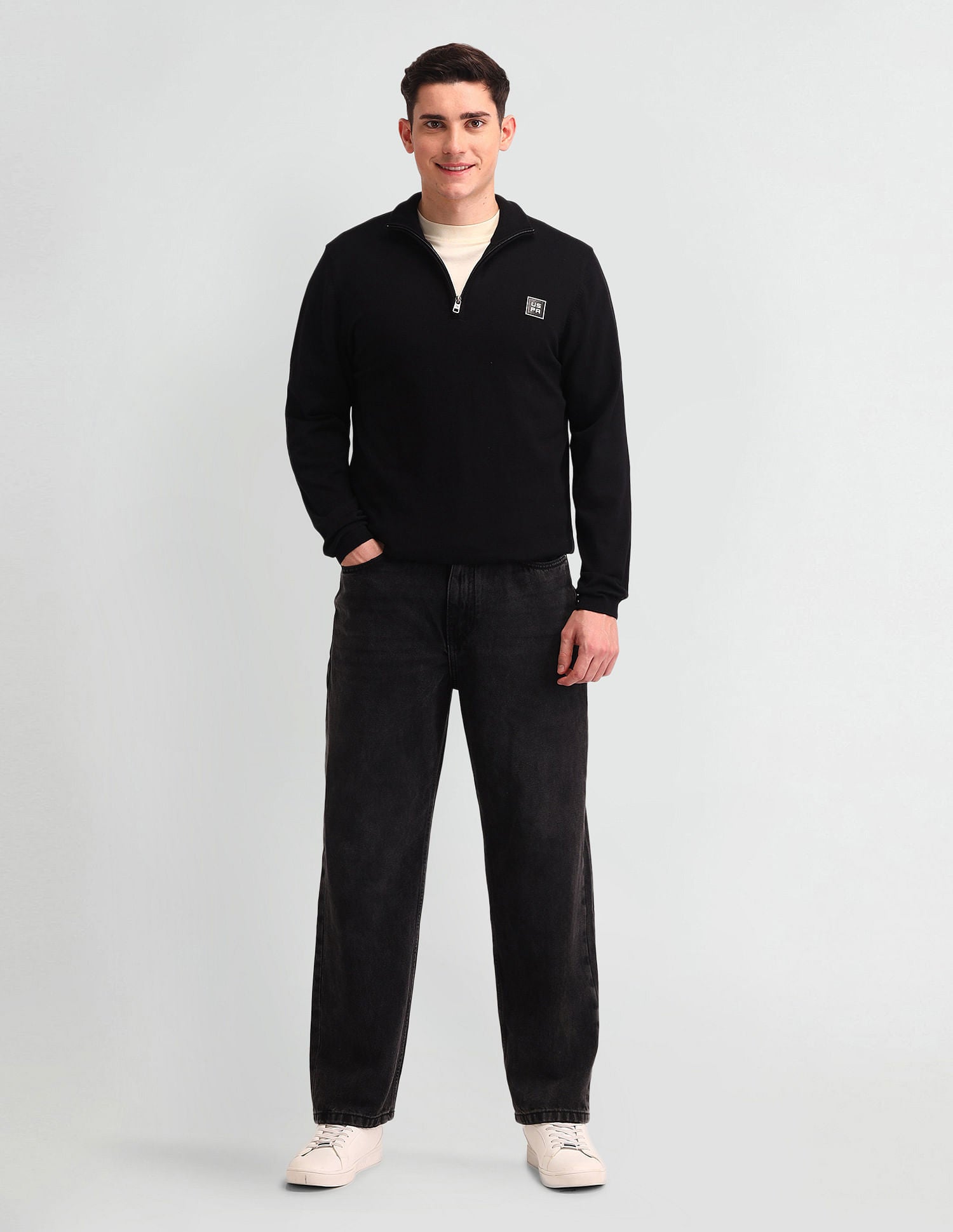 Half Zipper Solid Sweater Black - U.S. Polo Assn. India | Large