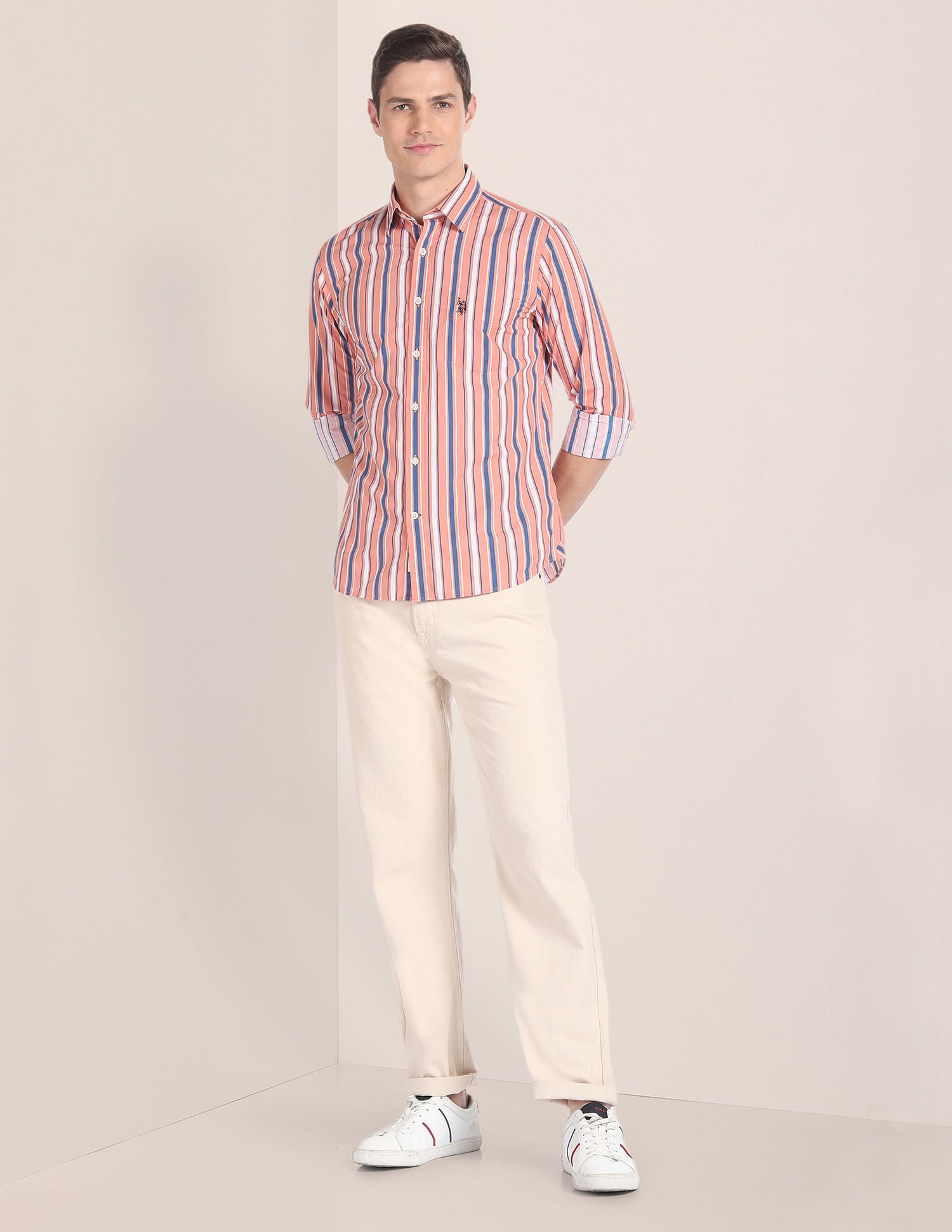 Vertical Stripe Cotton Shirt Orange - U.S. Polo Assn. India | Large