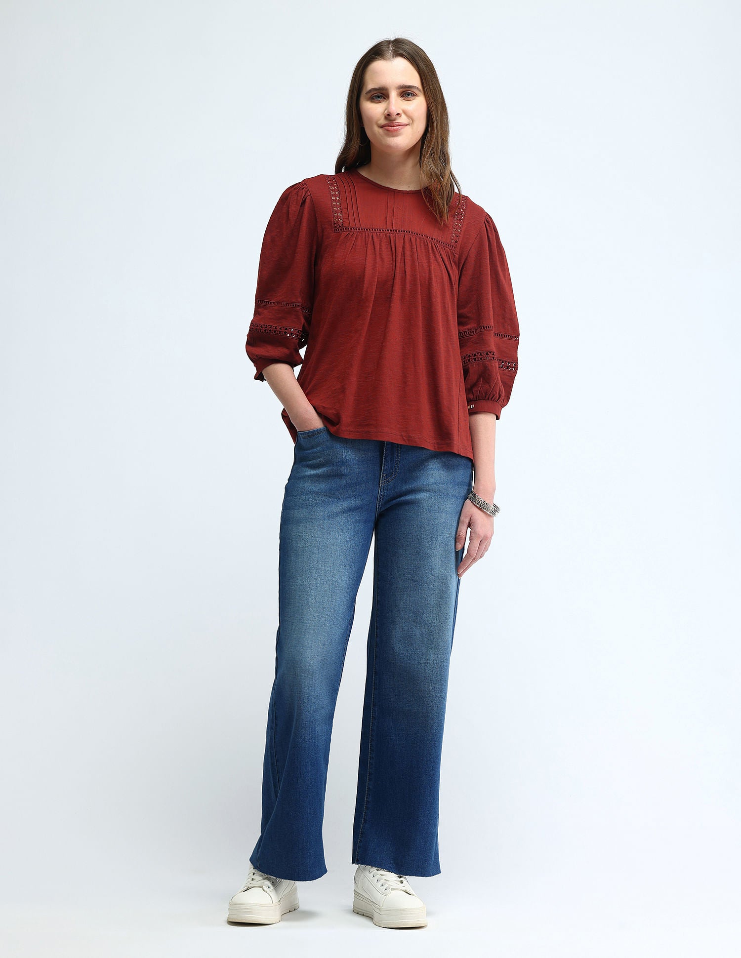 Lace Detailed Cotton Top Rust - U.S. POLO ASSN. | Large