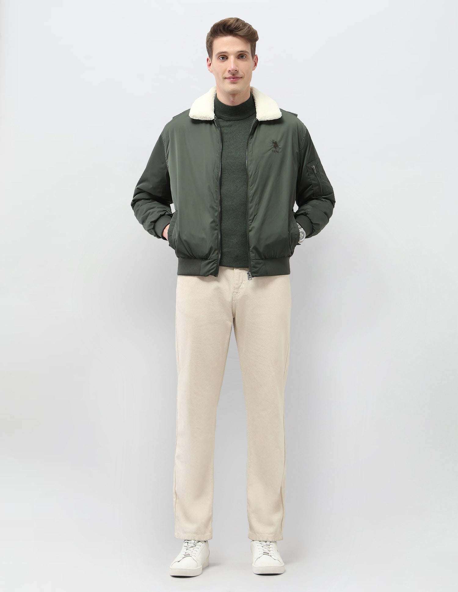 Solid Regular Fit Bomber Jacket Olive - U.S. Polo Assn. India | Large