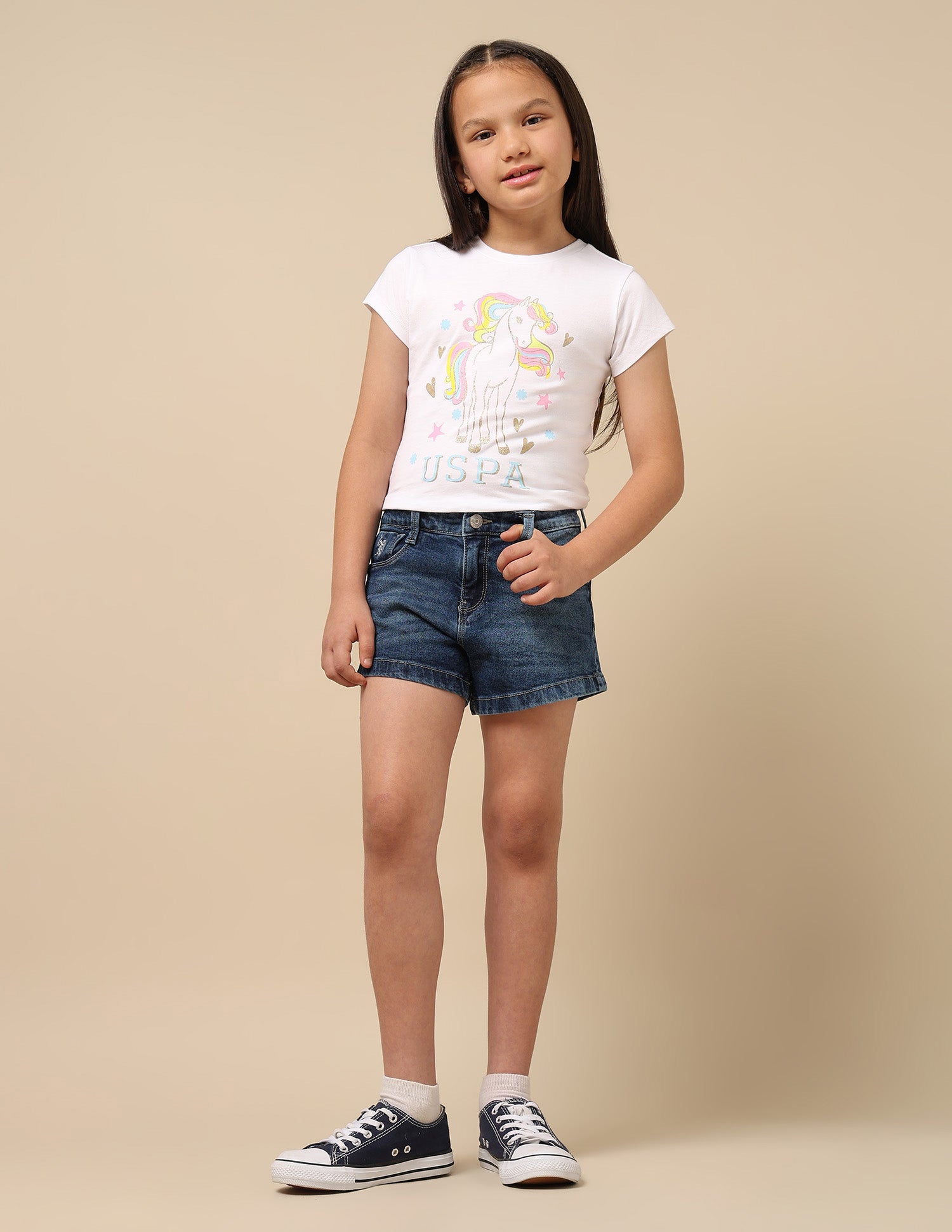 Girls Upturned Hem Denim Shorts Blue - U.S. POLO ASSN. | Large