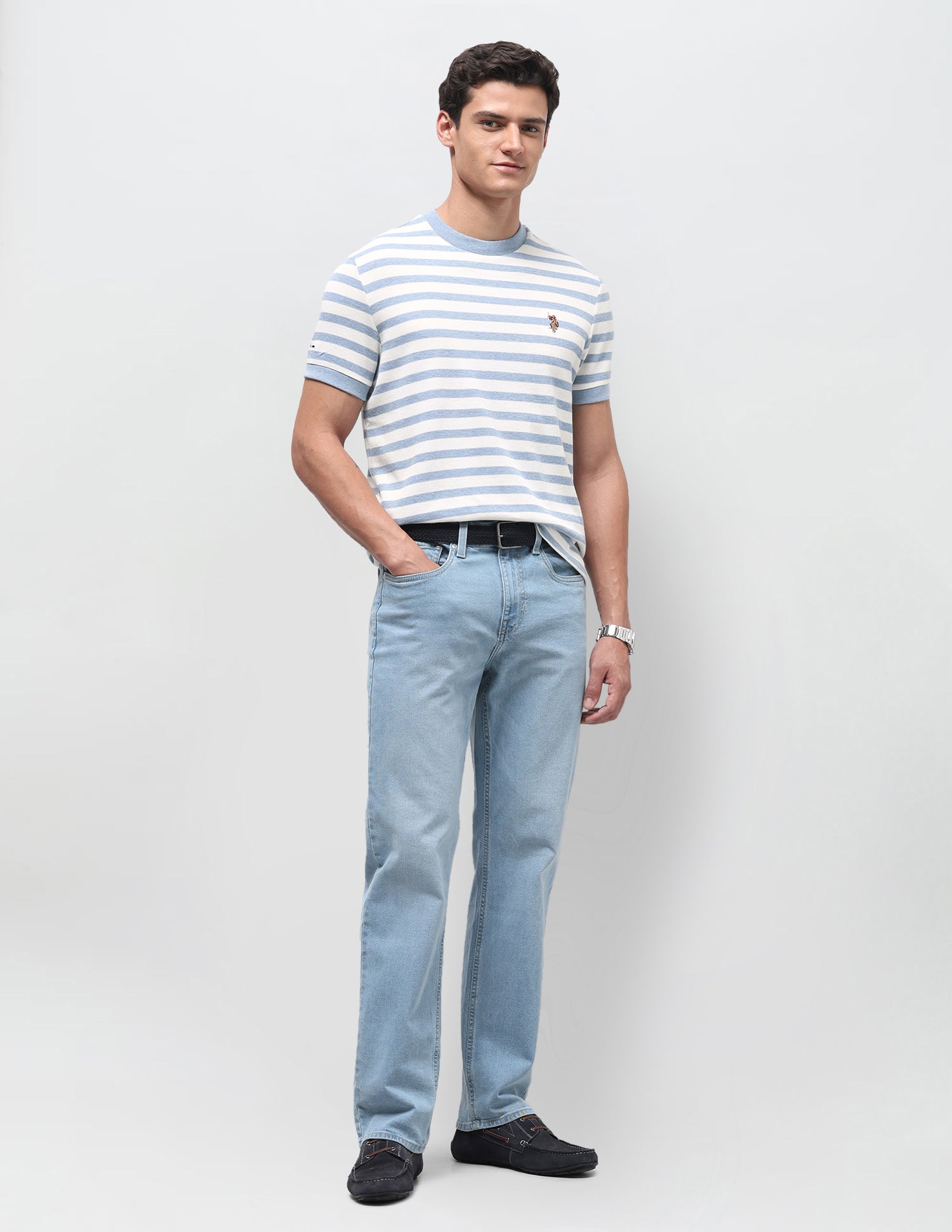 Horizontal Striped Slim Fit T-Shirt Blue Melange - U.S. Polo Assn. India | Large