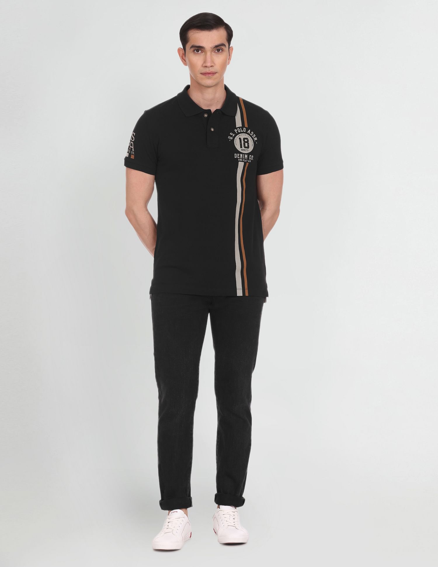 Typographic Print Cotton Polo Shirt Black - U.S. Polo Assn. India | Large