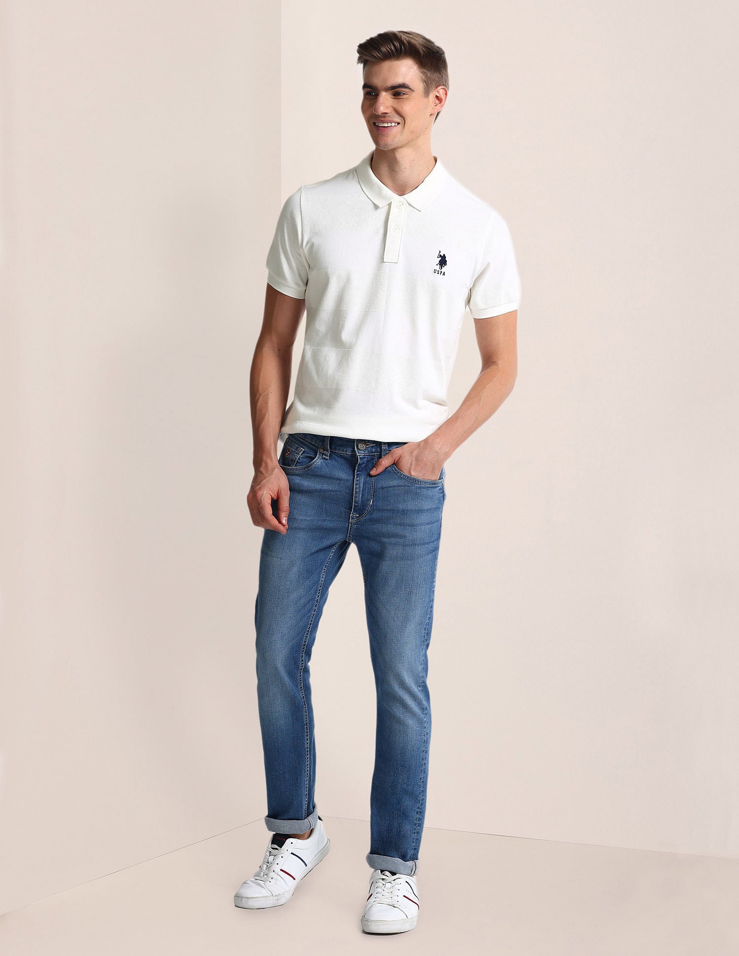 Patterned Knit Slim Fit Polo Shirt White - U.S. Polo Assn. India | Large