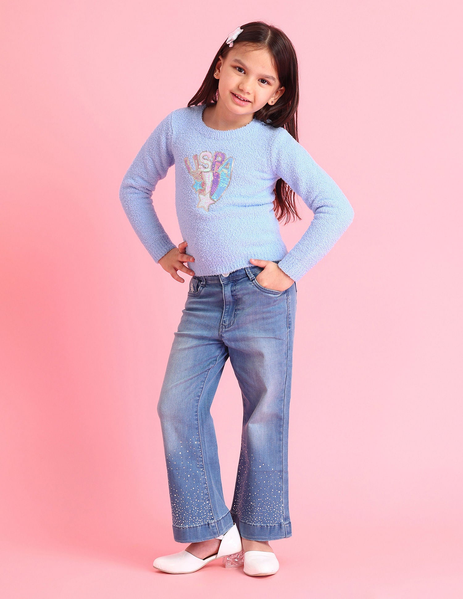 Girls Sequence Embellished Sweater Light Blue - U.S. POLO ASSN. | Large