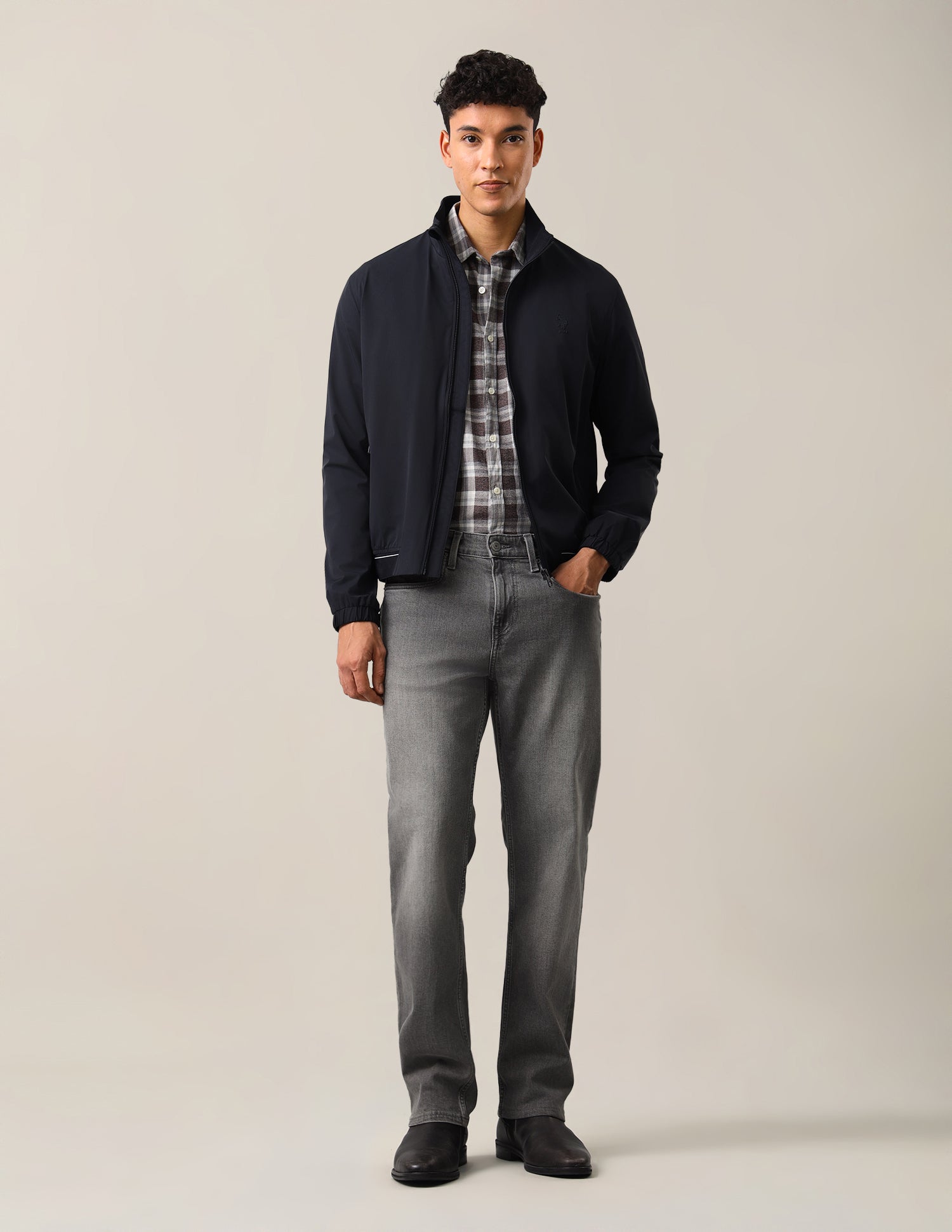 Solid Regular Fit Bomber Jacket Navy - U.S. Polo Assn. India | Large