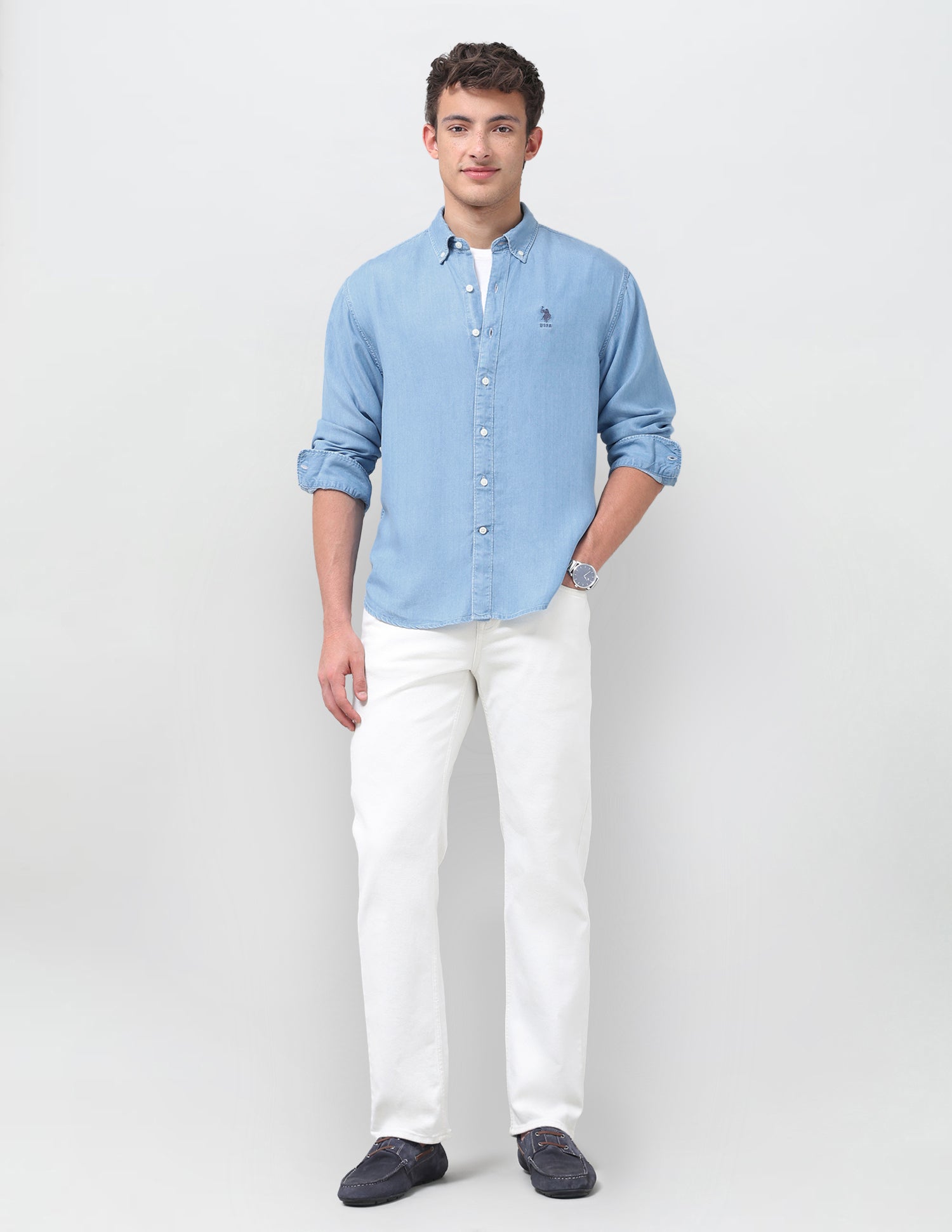 Solid Regular Fit Button Down Shirt Light Indigo - U.S. Polo Assn. India | Large