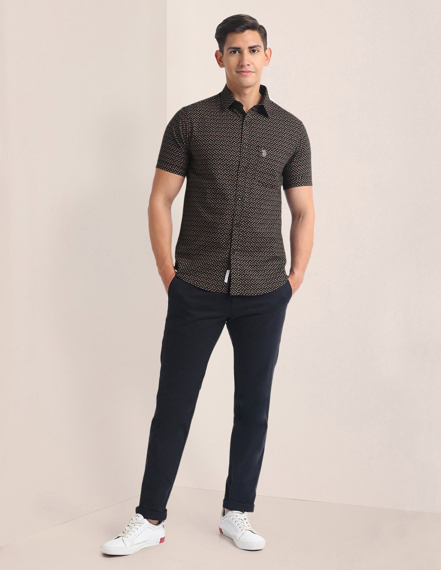 Geometric Print Tailored Fit Shirt Black - U.S. Polo Assn. India | Large