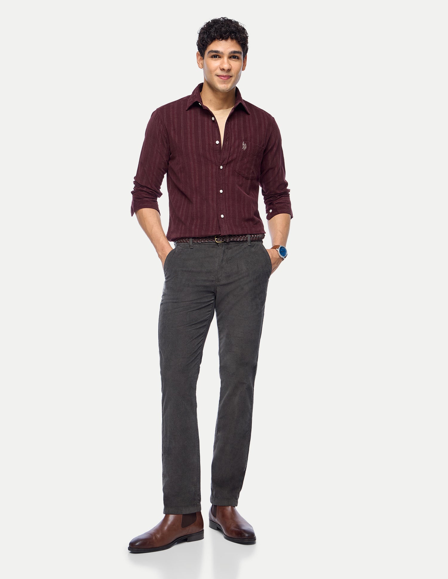 Vertical Striped Corduroy Shirt Dark Purple - U.S. Polo Assn. India | Large
