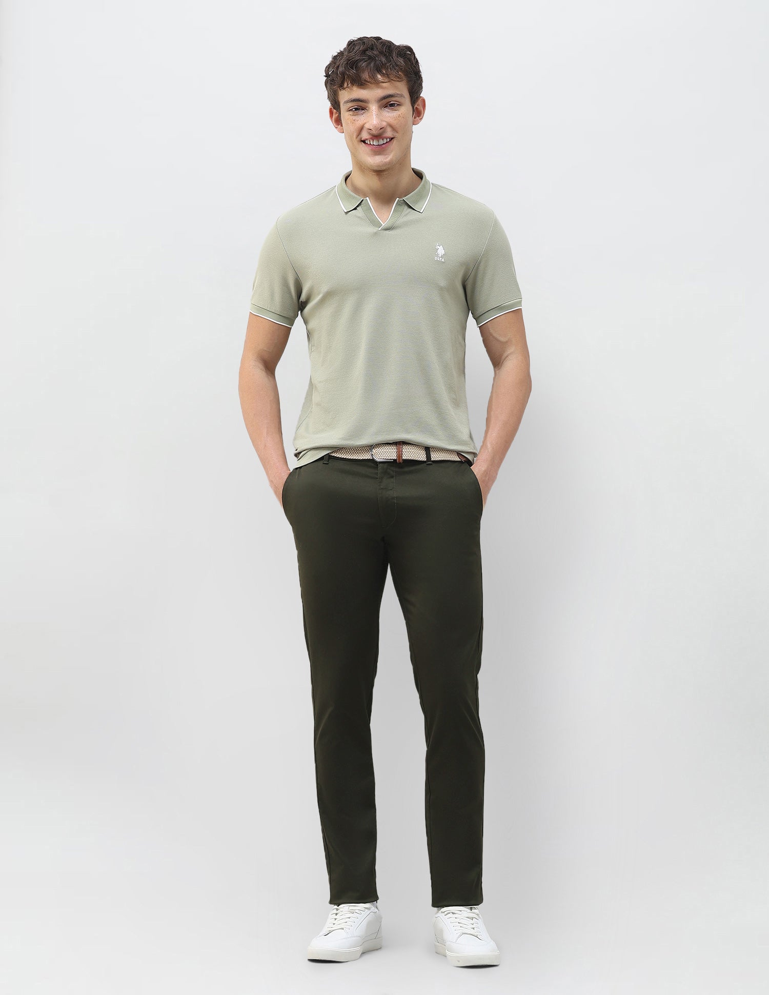 Denver Slim Fit Dobby Trousers Dark Olive - U.S. Polo Assn. India | Large