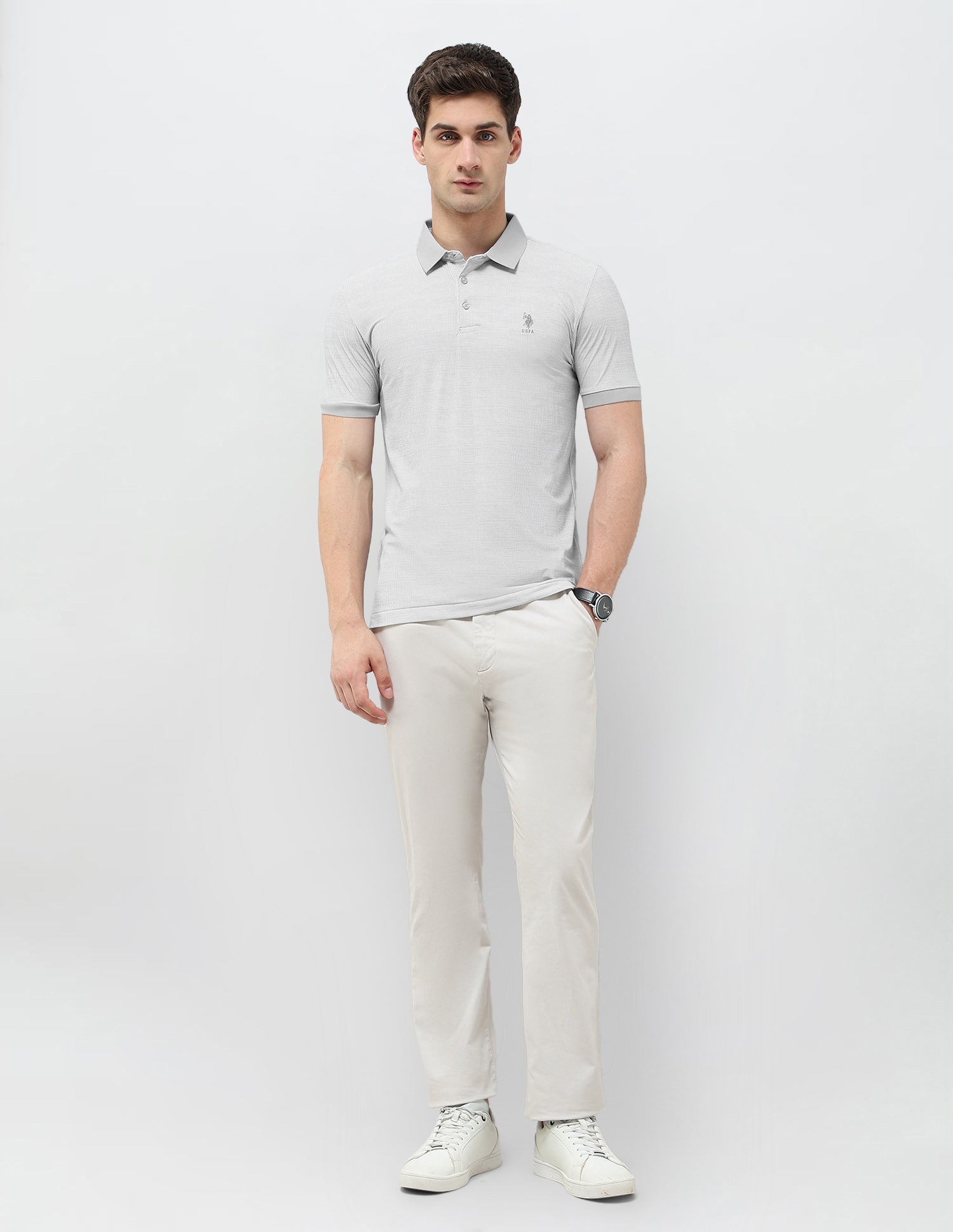 Textured Slim Fit Polo Shirt Light Grey - U.S. Polo Assn. India | Large