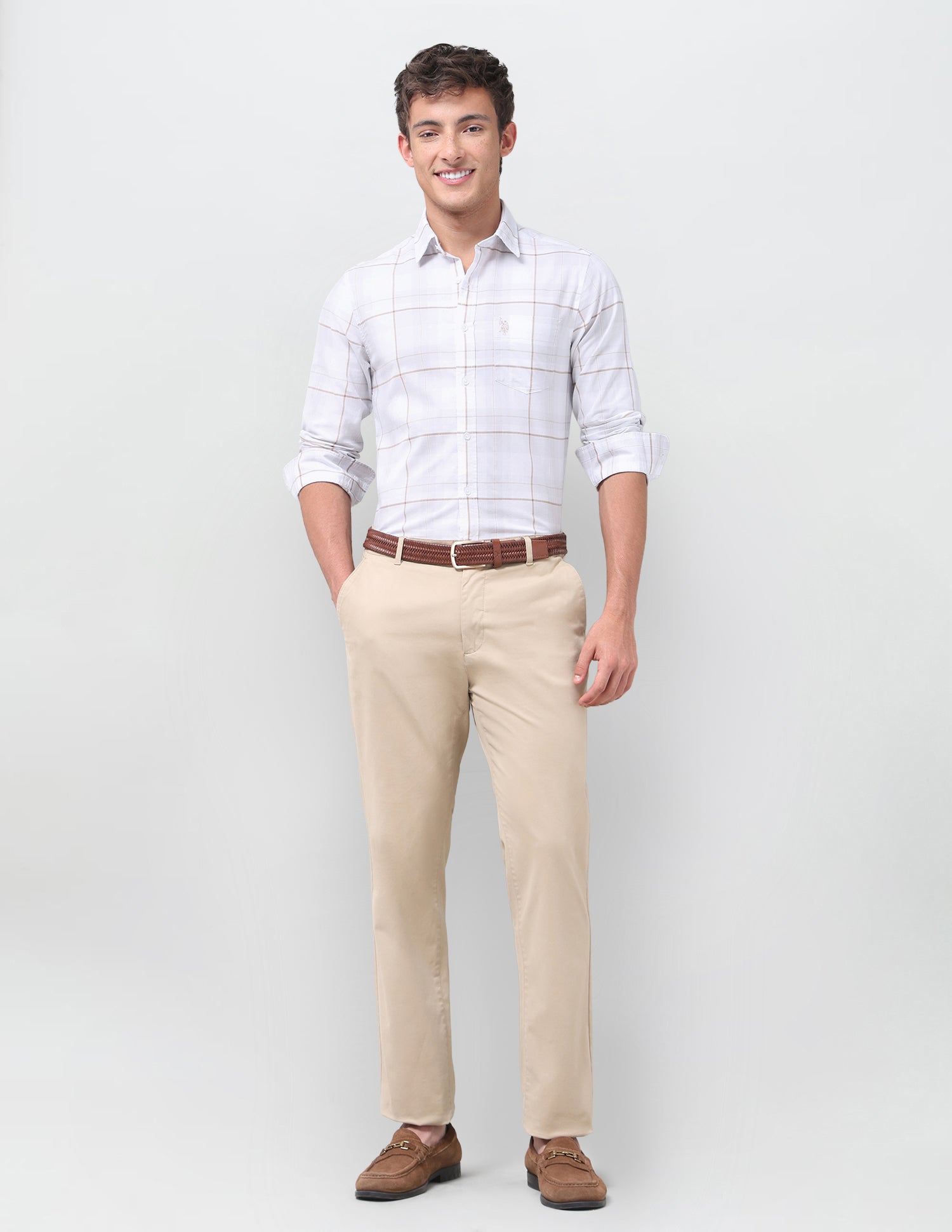 Windowpane Checked Regular Fit Shirt Light Khaki - U.S. Polo Assn. India | Large