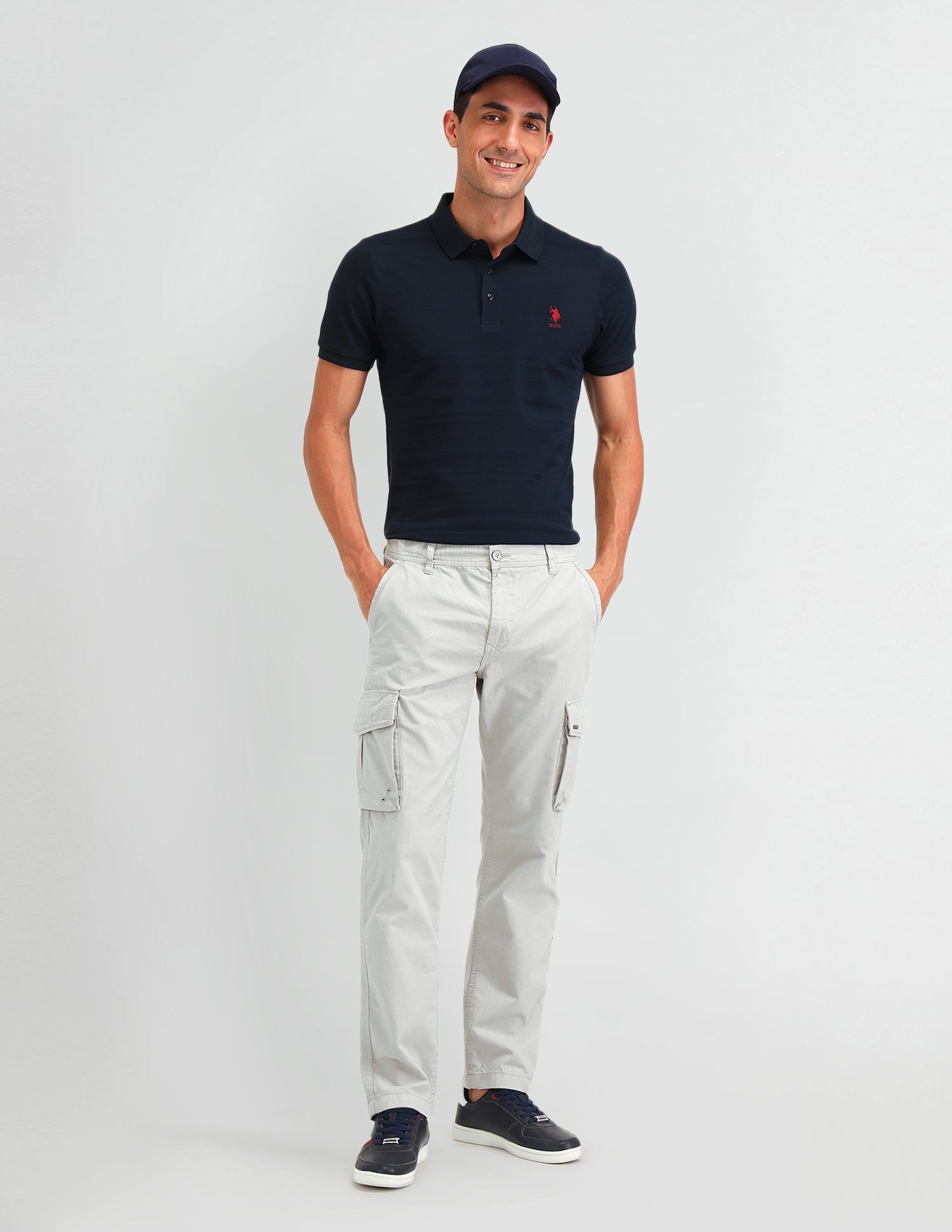 Straight Fit Textured Trousers Light Grey - U.S. Polo Assn. India | Large