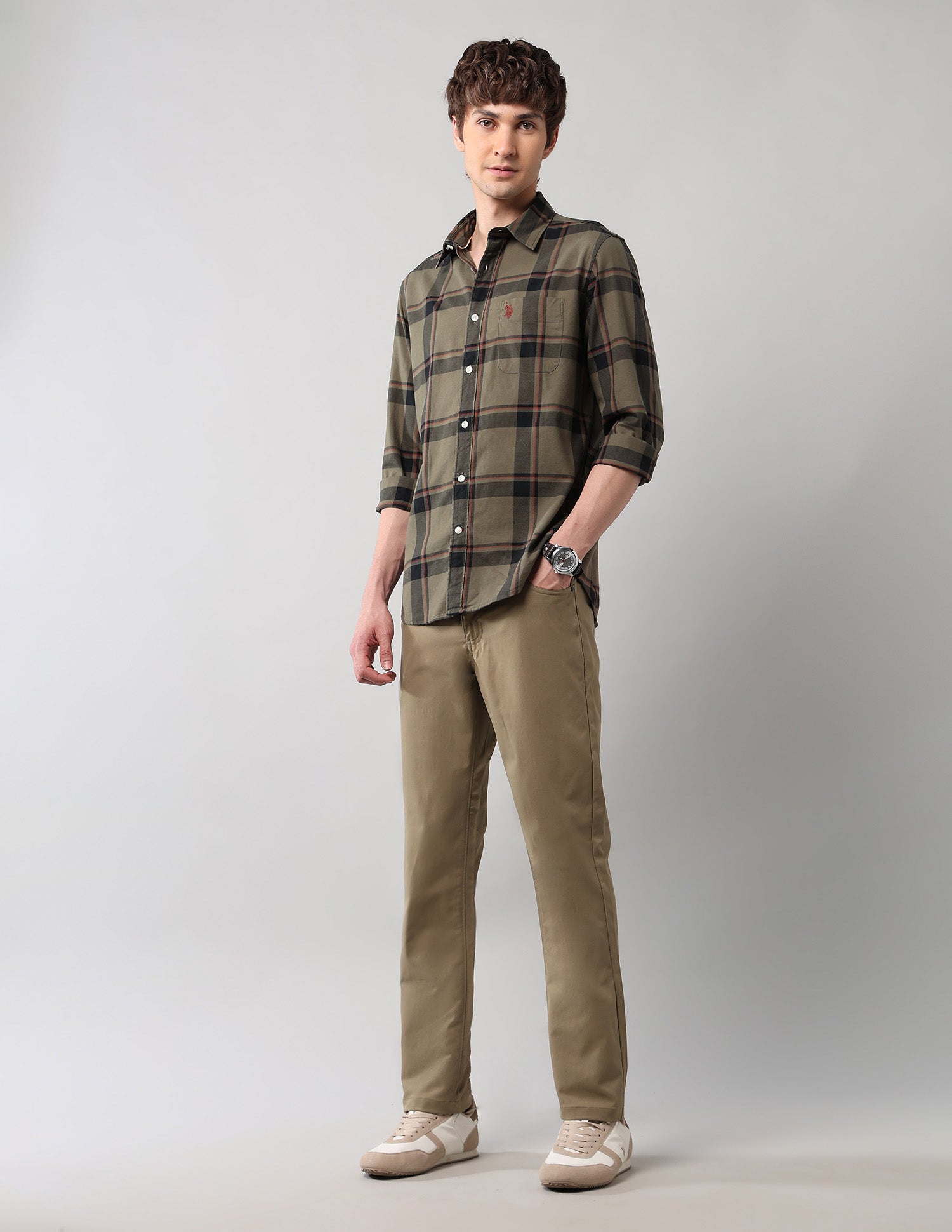 Grid Tattersall Checked Pure Cotton Shirt Khaki - U.S. POLO ASSN. | Large