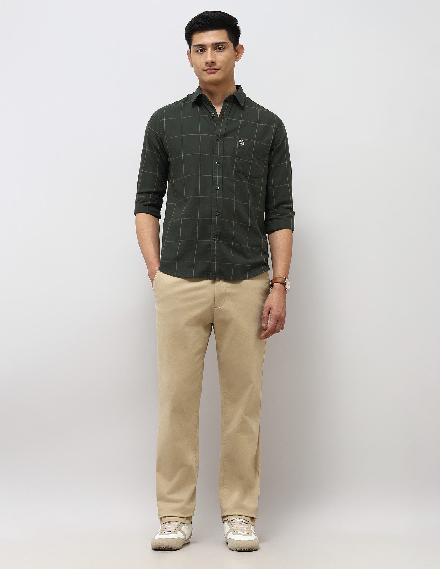 Pure Cotton Tailored Fit Shirt Dark Green - U.S. Polo Assn. India | Large