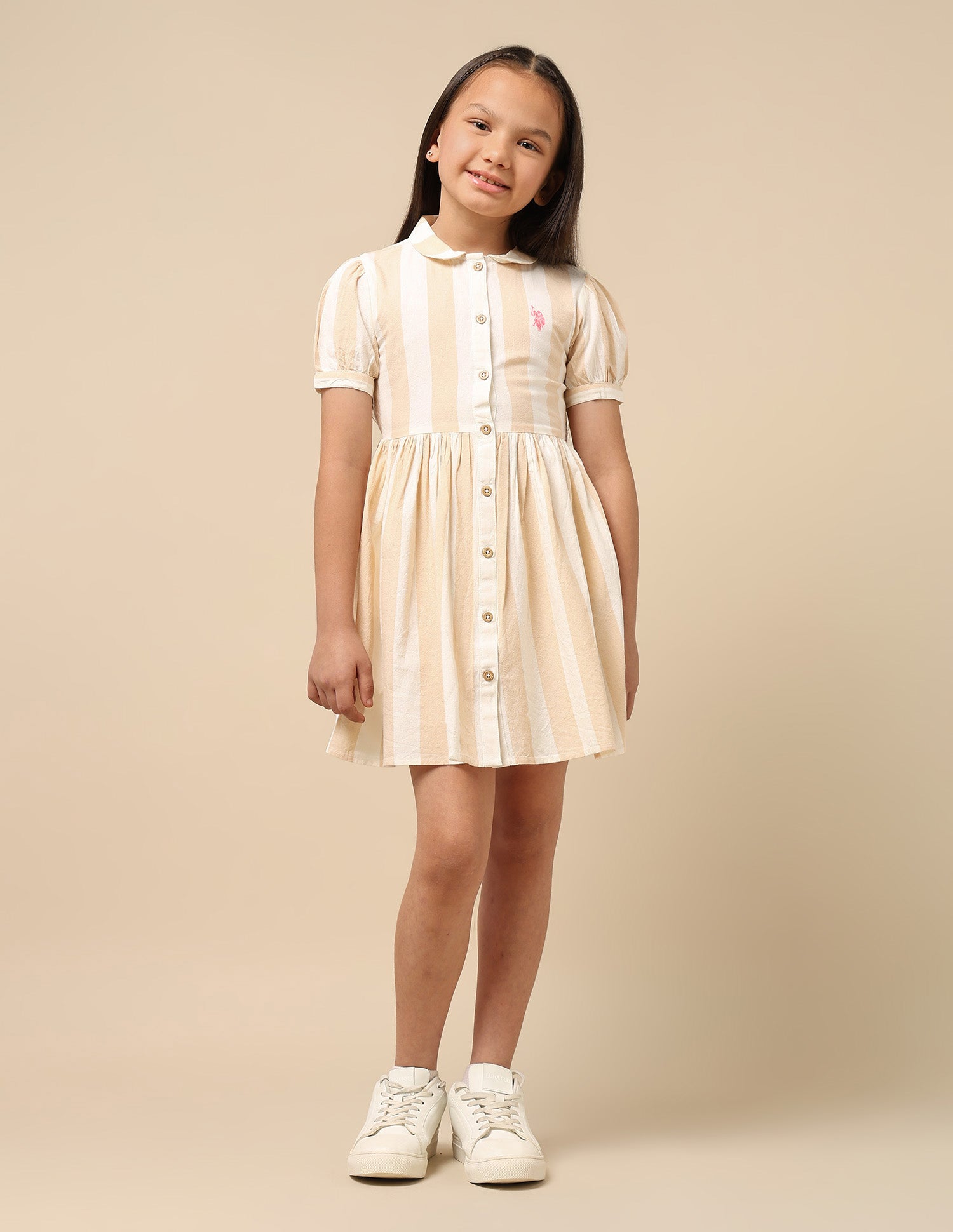 Girls Peter Pan Collar Shirt Dress Beige and Off White - U.S. Polo Assn. India | Large