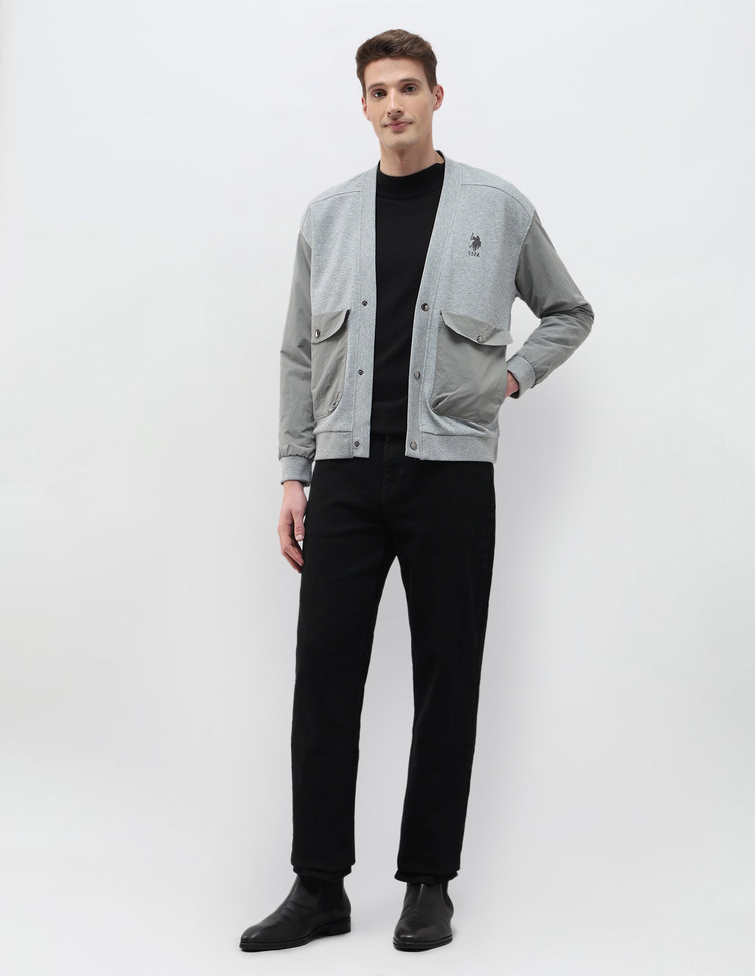 Solid Regular Fit Jacket Grey Melange - U.S. Polo Assn. India | Large