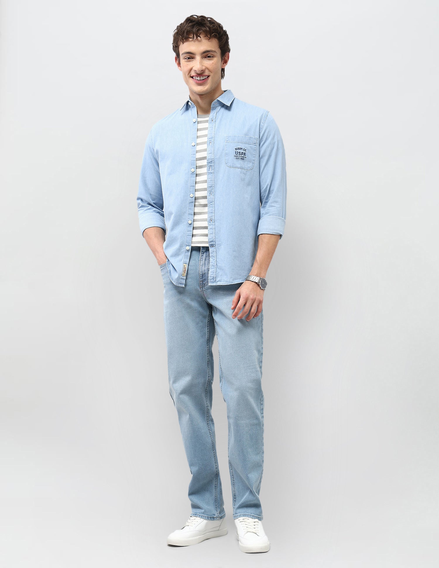 Motel On The Coast Solid Regular Fit Shirt Light Indigo - U.S. Polo Assn. India | Large