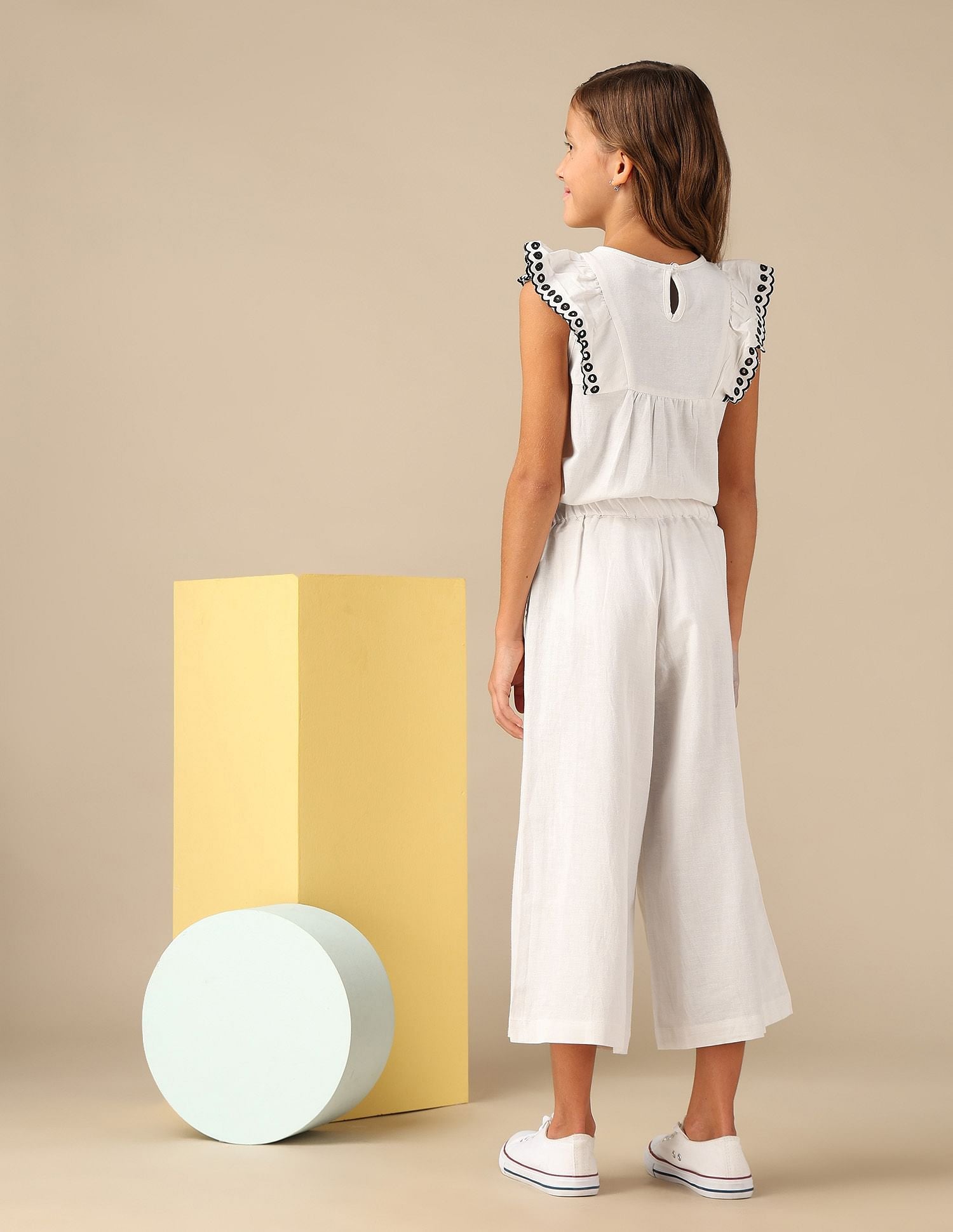 Girls Wide Leg Embroidered Trousers Ecru - U.S. POLO ASSN. | Large