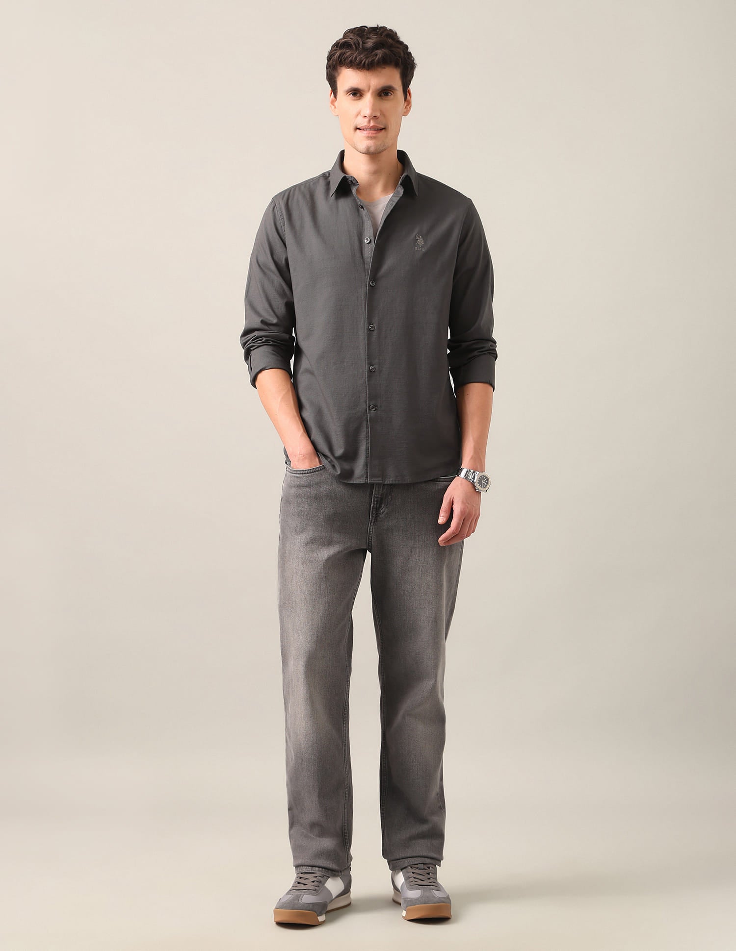 Solid Regular Fit Shirt Grey - U.S. Polo Assn. India | Large
