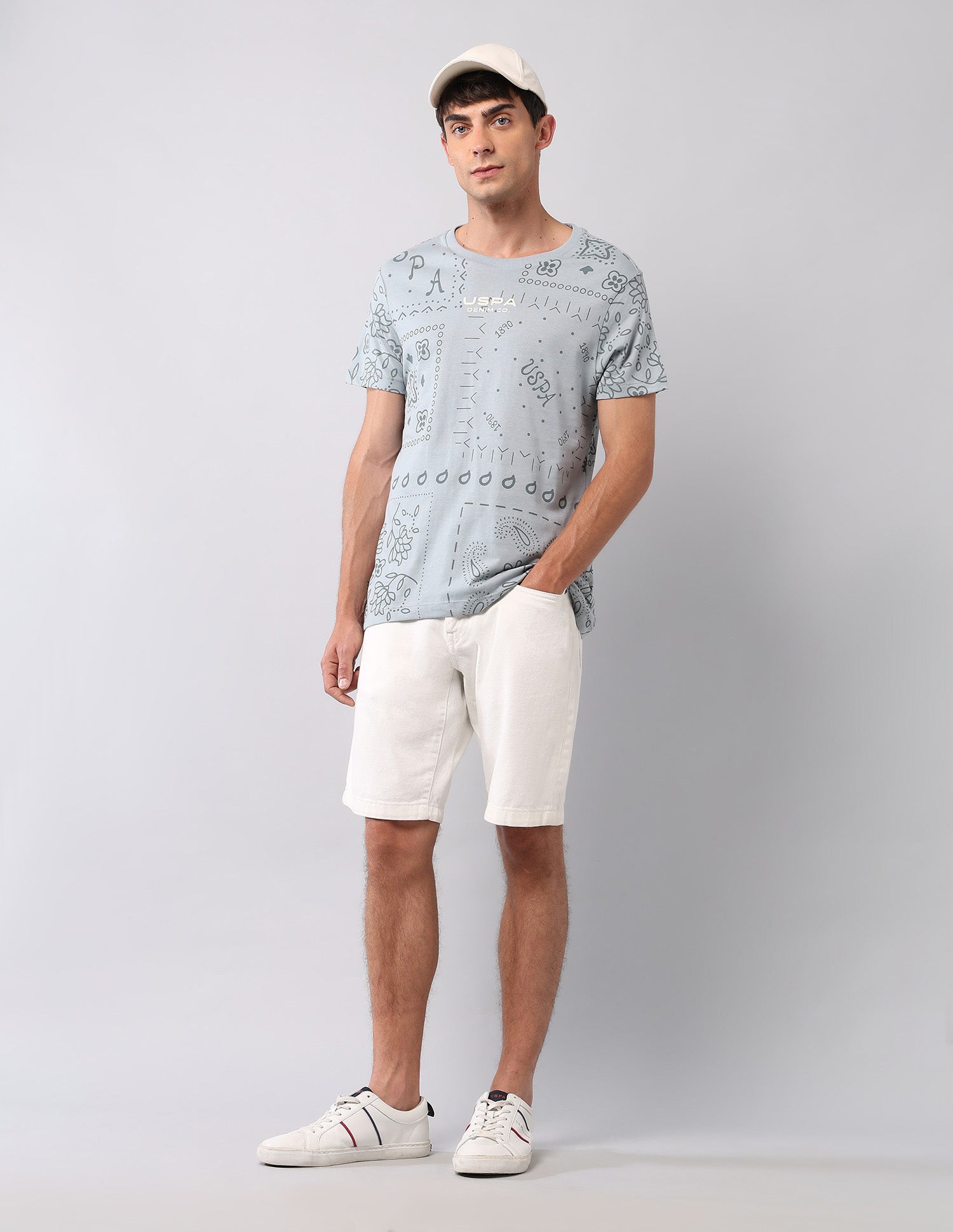 All Over Printed Pure Cotton T-Shirt Light Grey - U.S. Polo Assn. India | Large