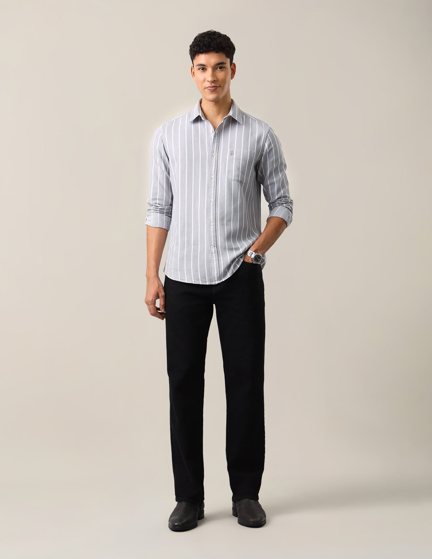 Vertical Striped Regular Fit Shirt Light Grey - U.S. Polo Assn. India | Large