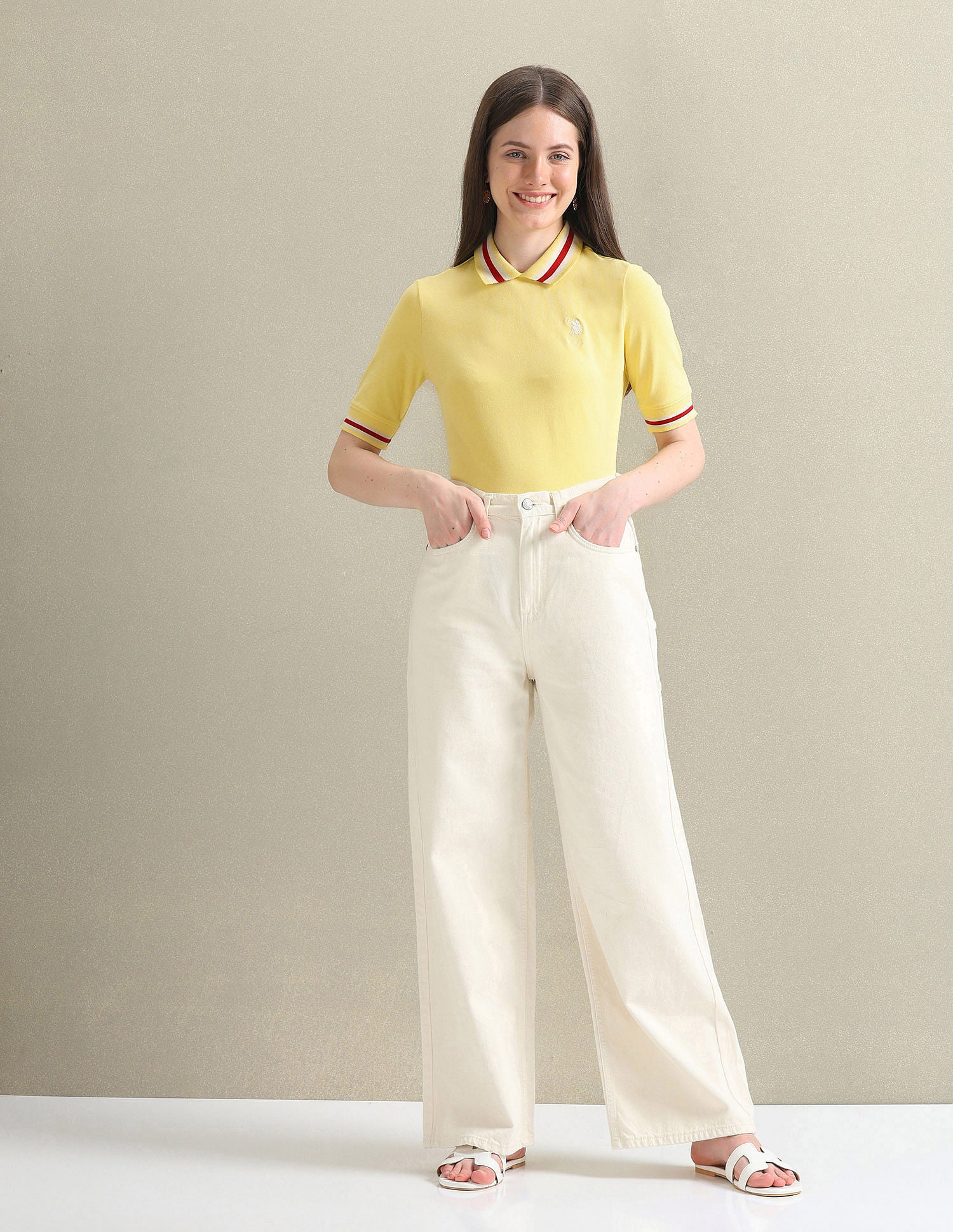 Striped Collar Pique Polo Shirt Light Yellow - U.S. POLO ASSN. | Large