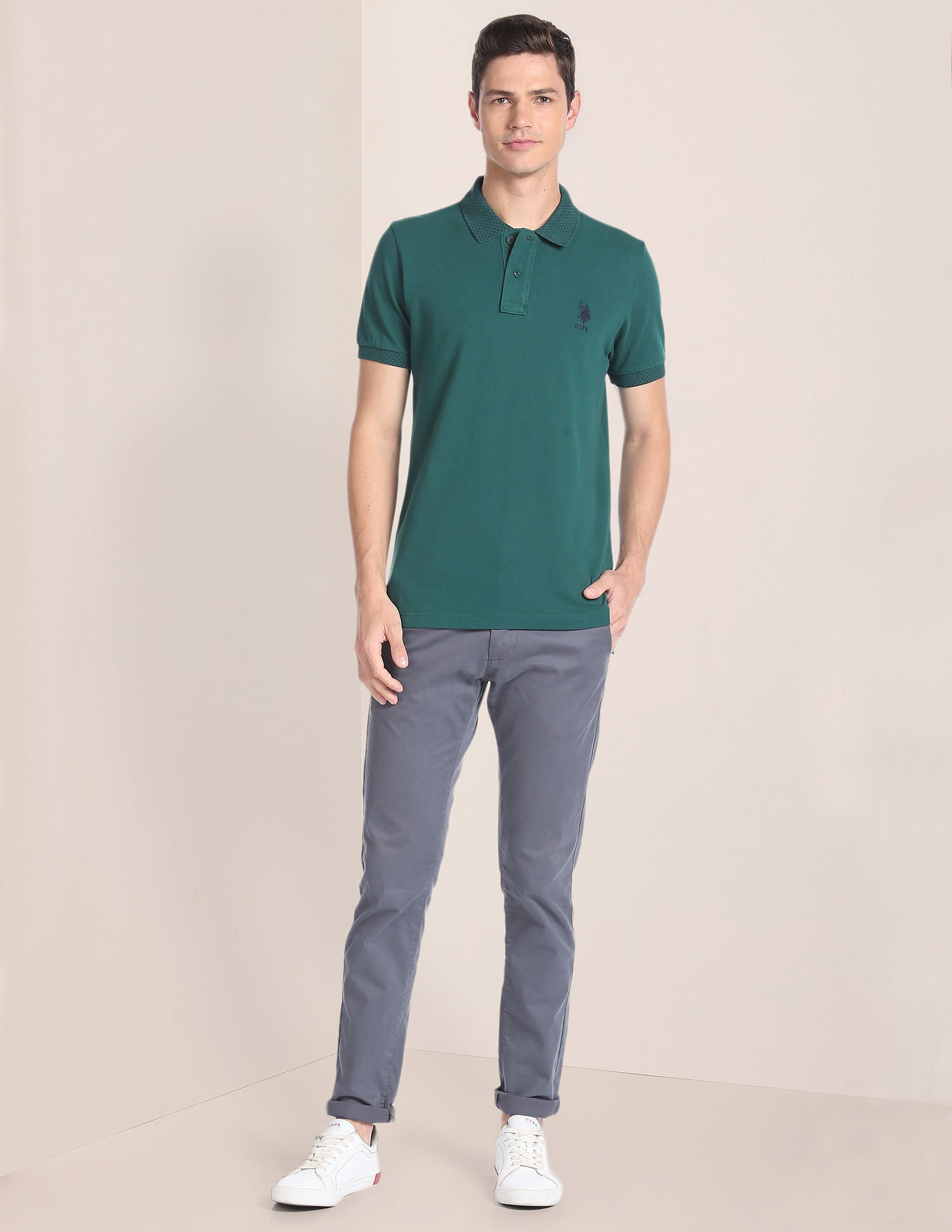 Solid Cotton Polo Shirt Green - U.S. Polo Assn. India | Large