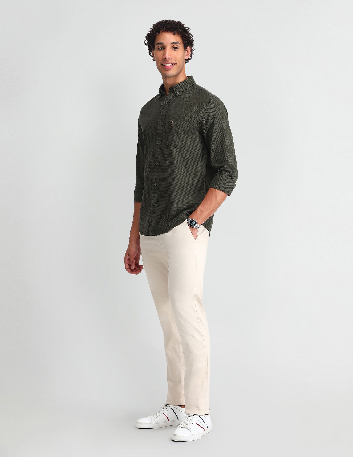 Micro Checked Slim Fit Shirt Dark Green - U.S. Polo Assn. India | Large