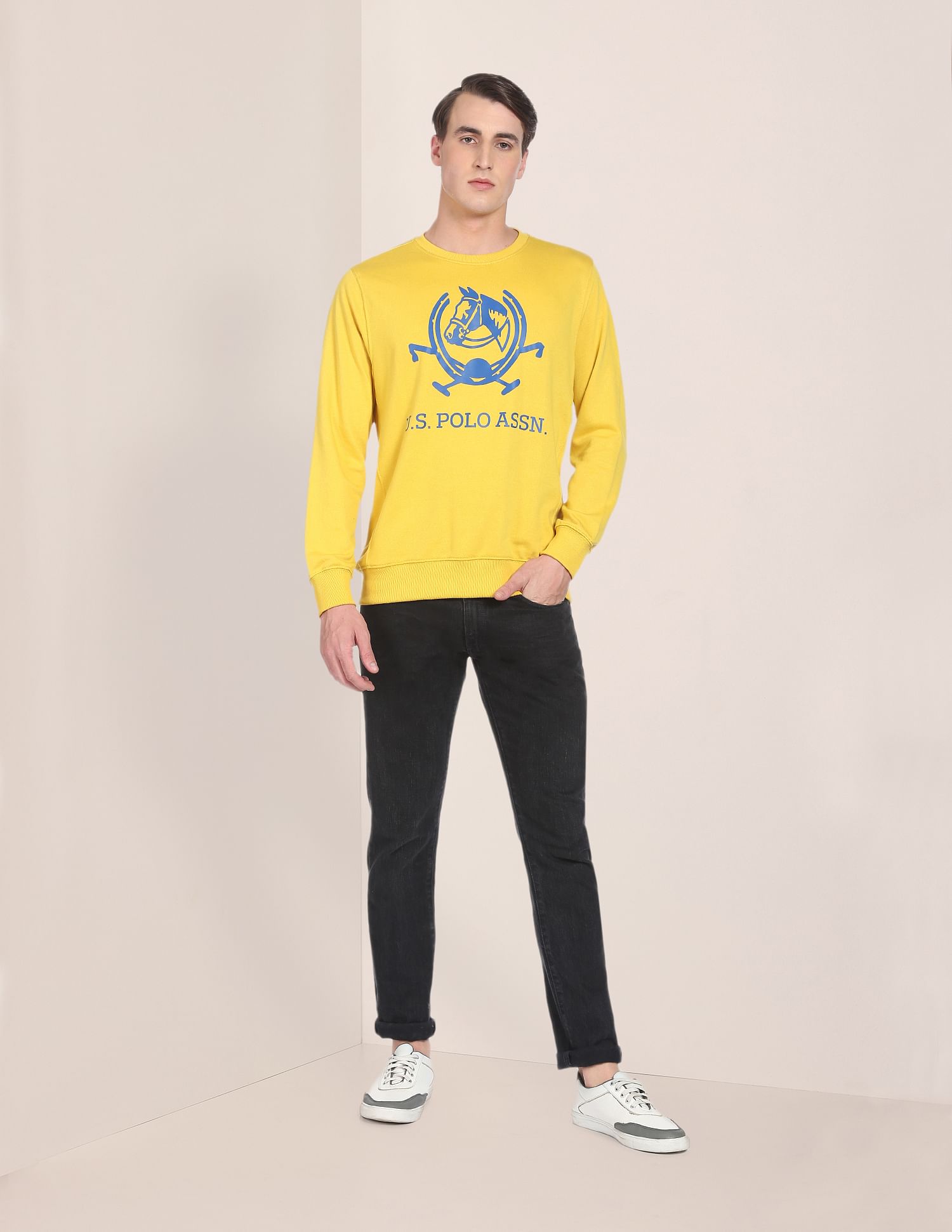 Crew Neck Brand Print Sweatshirt Yellow - U.S. POLO ASSN. | Large