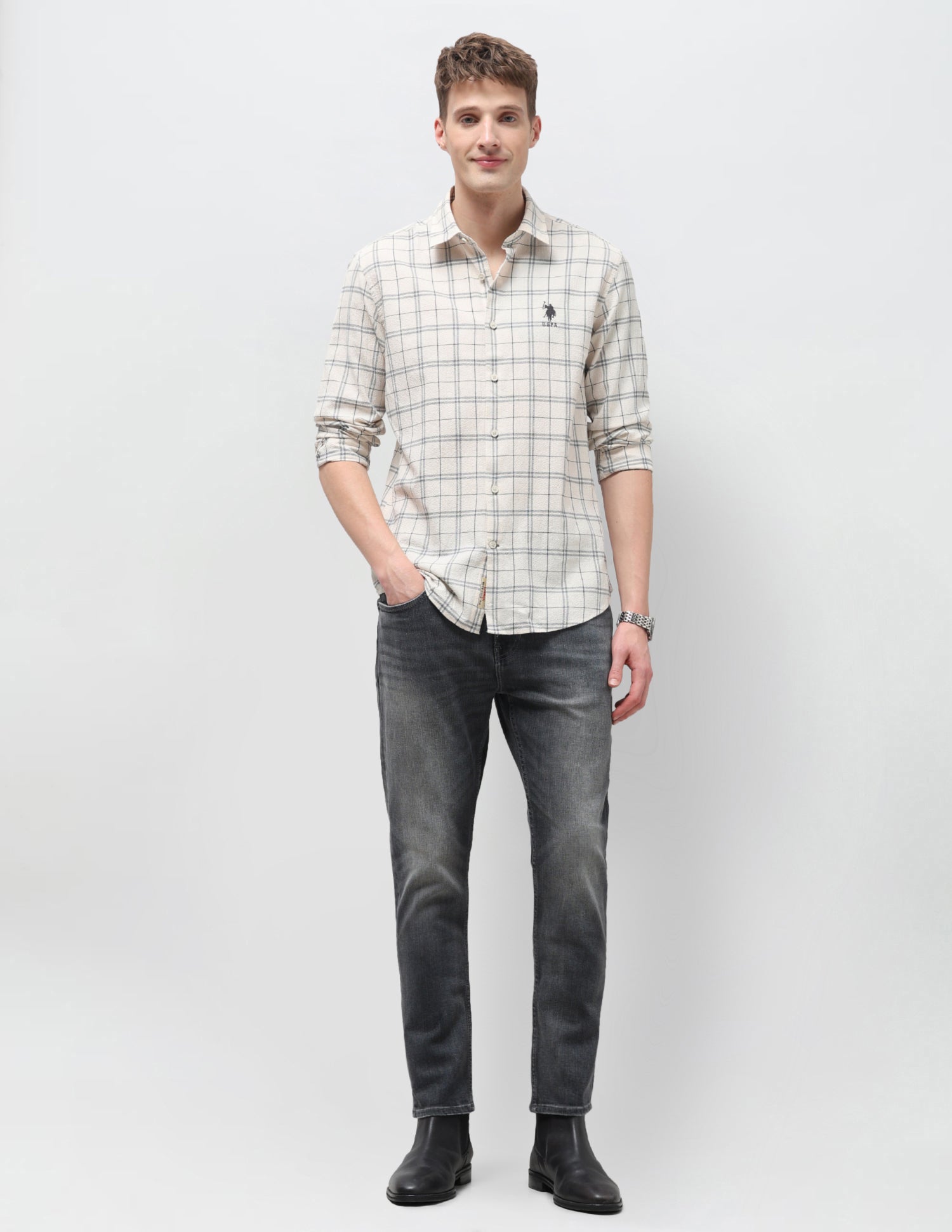 Grid Tattersall Checked Regular Fit Shirt Ecru - U.S. Polo Assn. India | Large