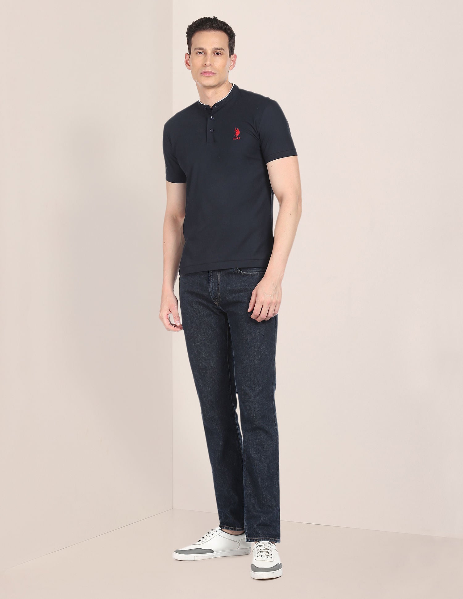 Mandarin Collar Brand Logo Polo Shirt Navy - U.S. Polo Assn. India | Large