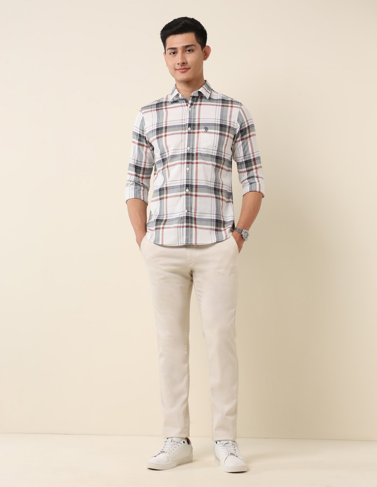 Plaid Checked Pure Cotton Shirt Off White - U.S. Polo Assn. India | Large