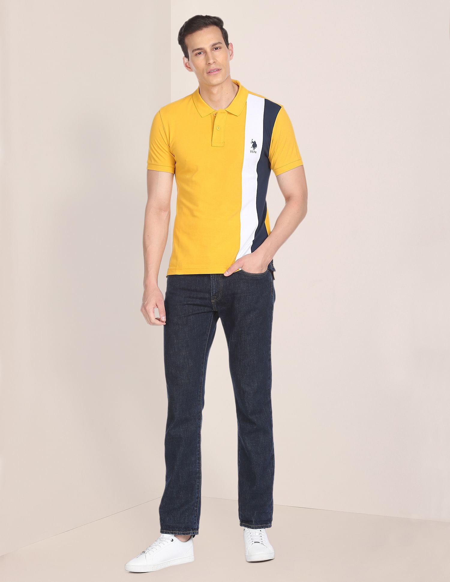 Ribbed Collar Striped Polo Shirt Mustard - U.S. Polo Assn. India | Large