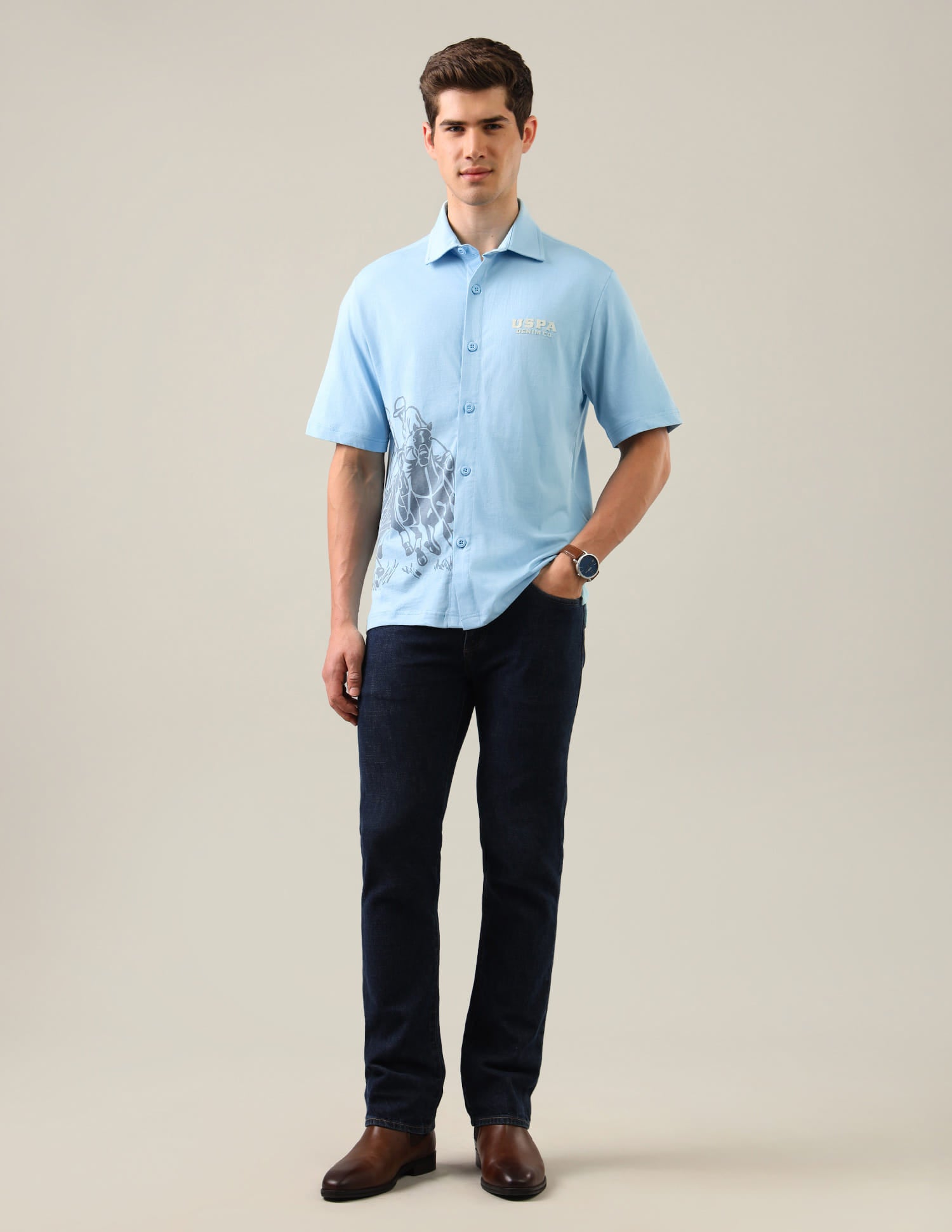 Graphic Brand Printed Knitted Shirt Blue - U.S. Polo Assn. India | Large