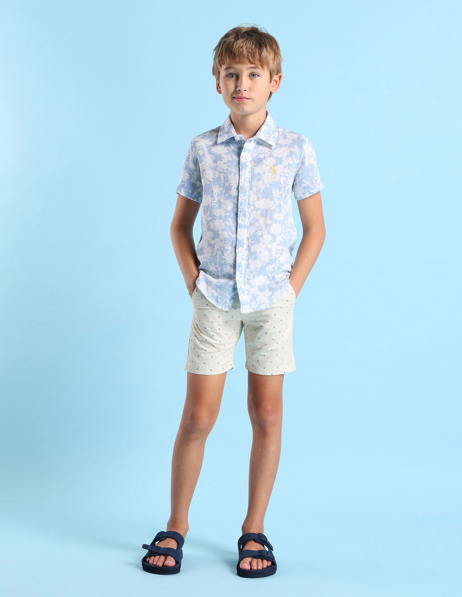 Boys Floral Printed Regular Fit Shirt Light Blue - U.S. POLO ASSN. | Large